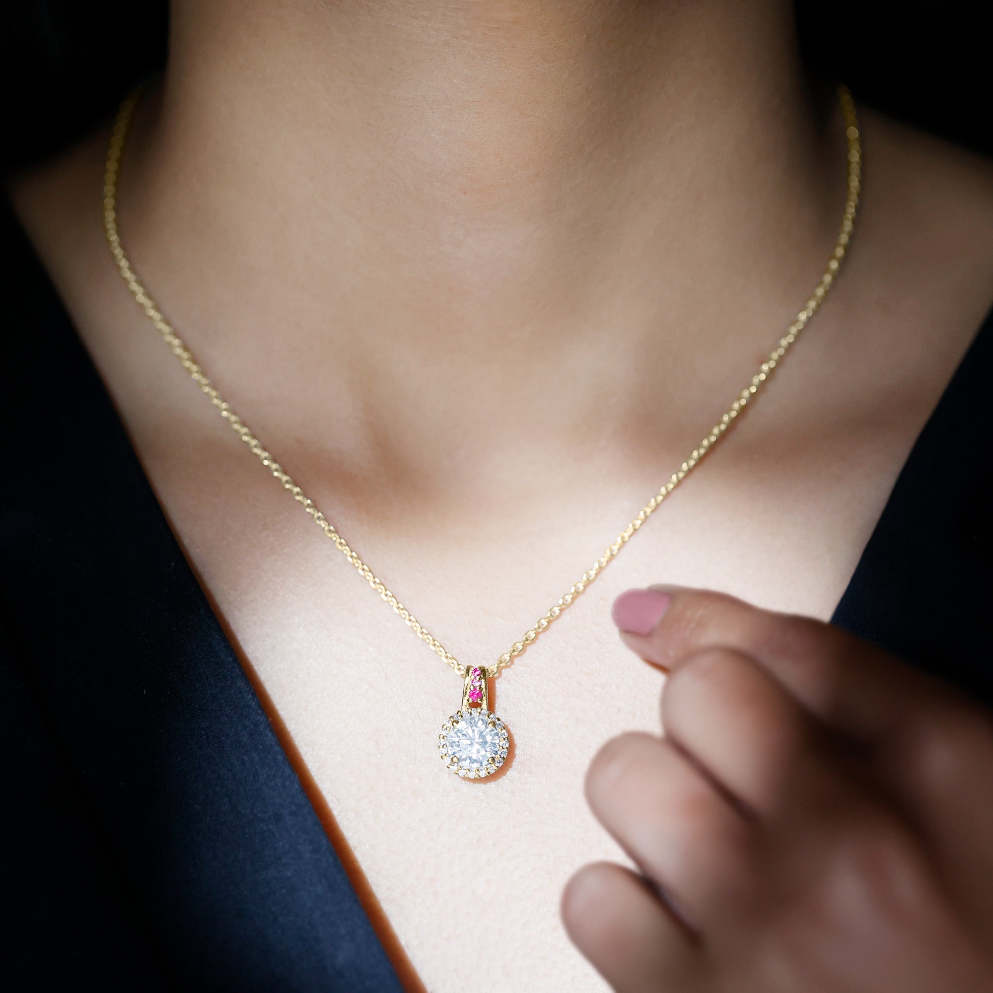 Certified MM Lab Grown Diamond Halo Necklace With Ruby Accent Bail Lab - ( EF-VS ) - Rosec Jewels