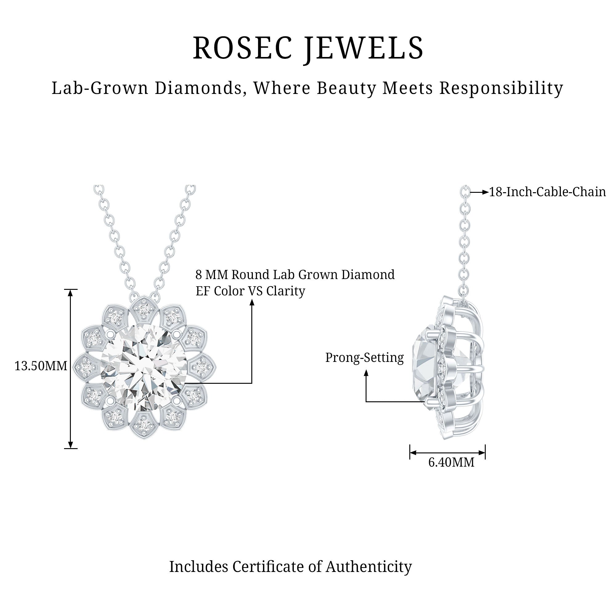 Certified 8 MM Lab Grown Diamond Cocktail Necklace For Women Lab - ( EF-VS ) - Rosec Jewels