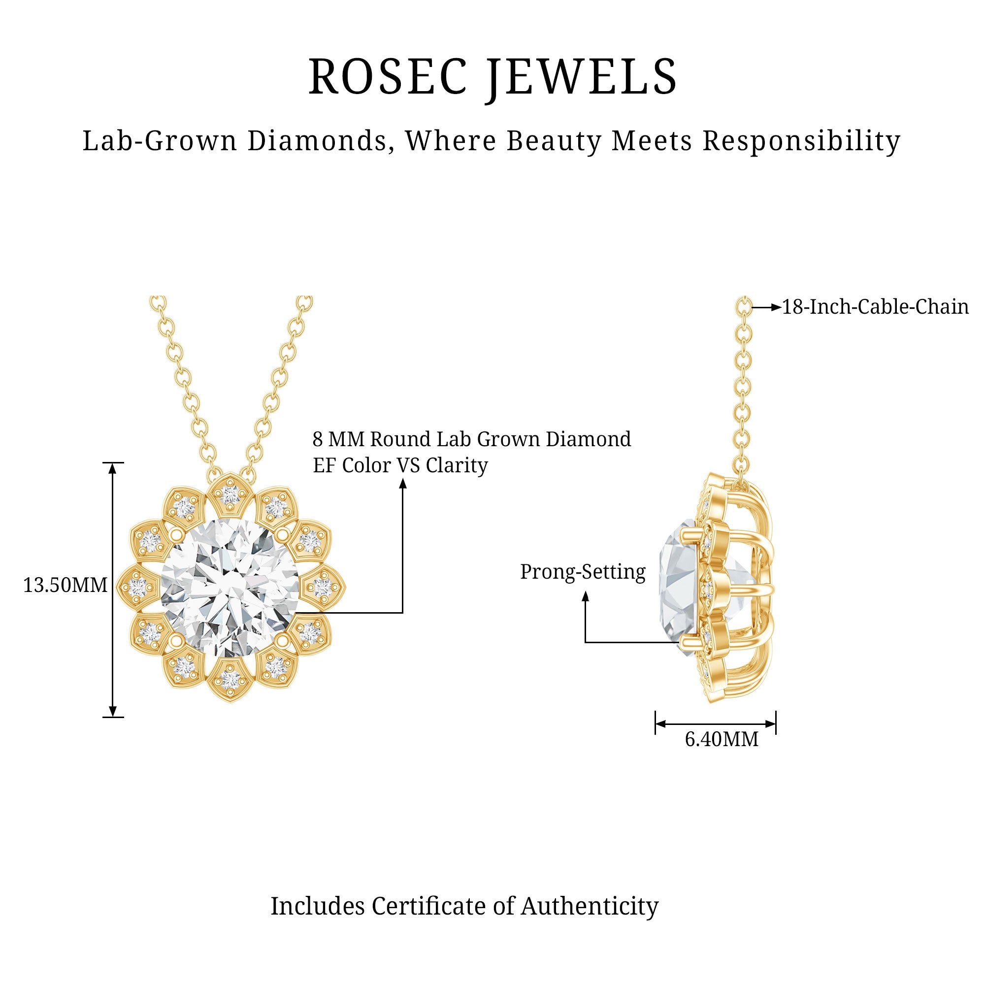 Certified 8 MM Lab Grown Diamond Cocktail Necklace For Women Lab - ( EF-VS ) - Rosec Jewels