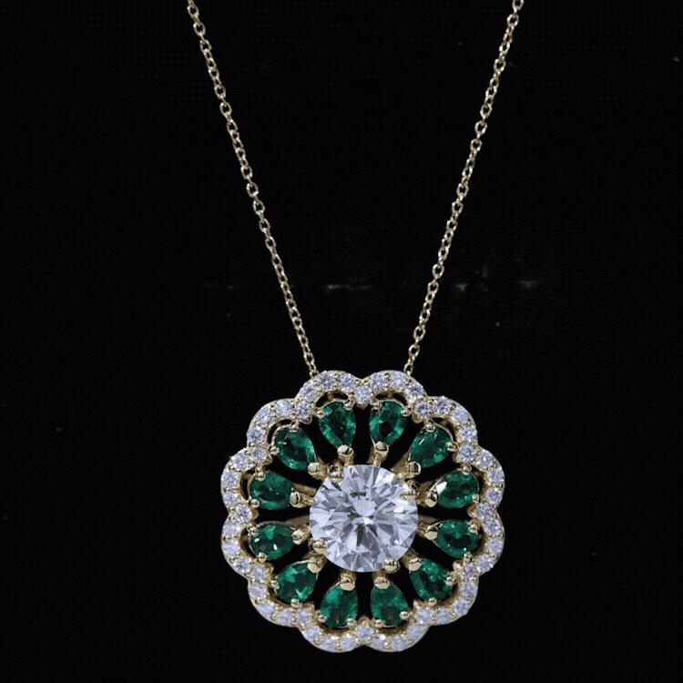 9 MM Lab Grown Diamond Flower Bridal Necklace With Emerald Lab - ( EF-VS ) - Rosec Jewels