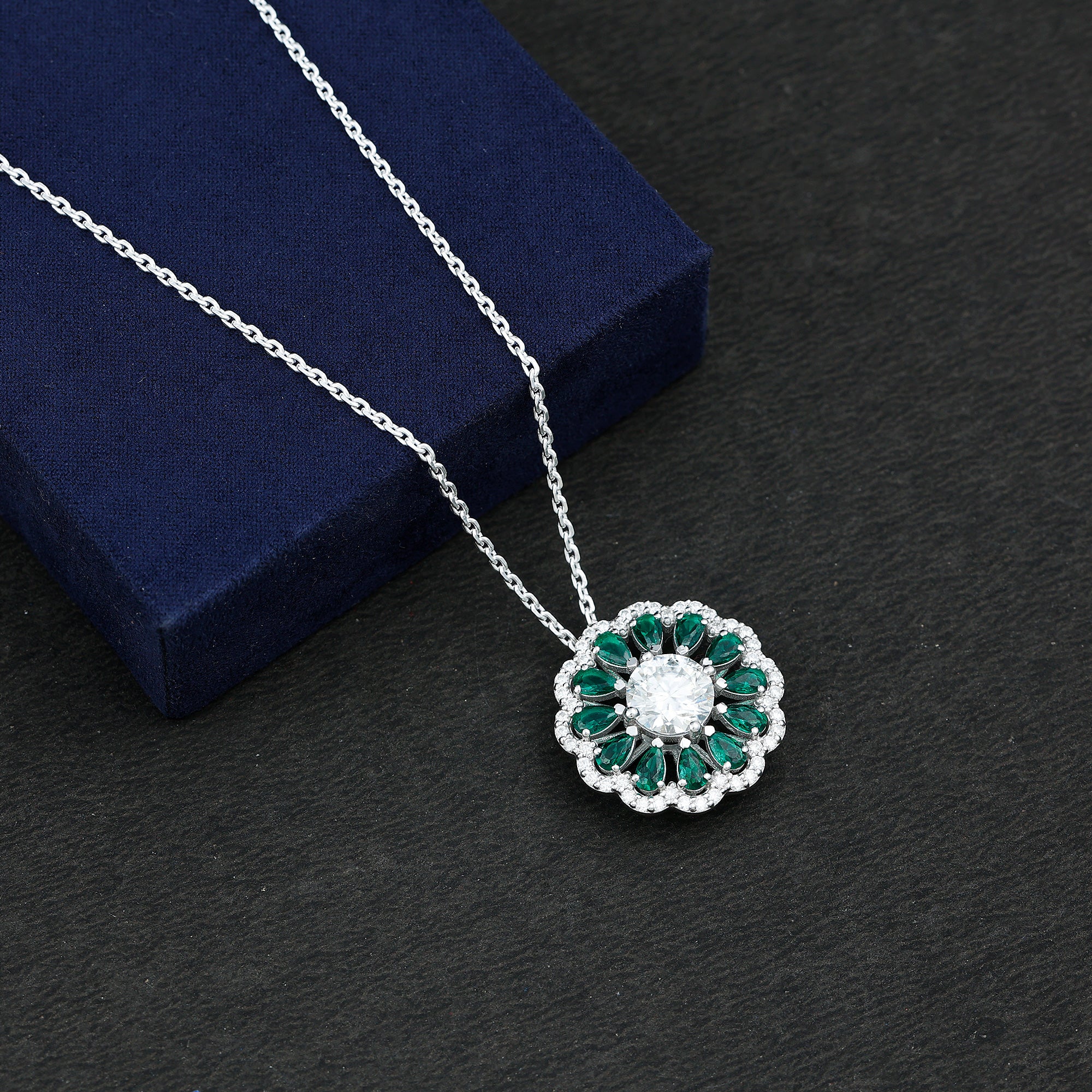 9 MM Lab Grown Diamond Flower Bridal Necklace With Emerald Lab - ( EF-VS ) - Rosec Jewels