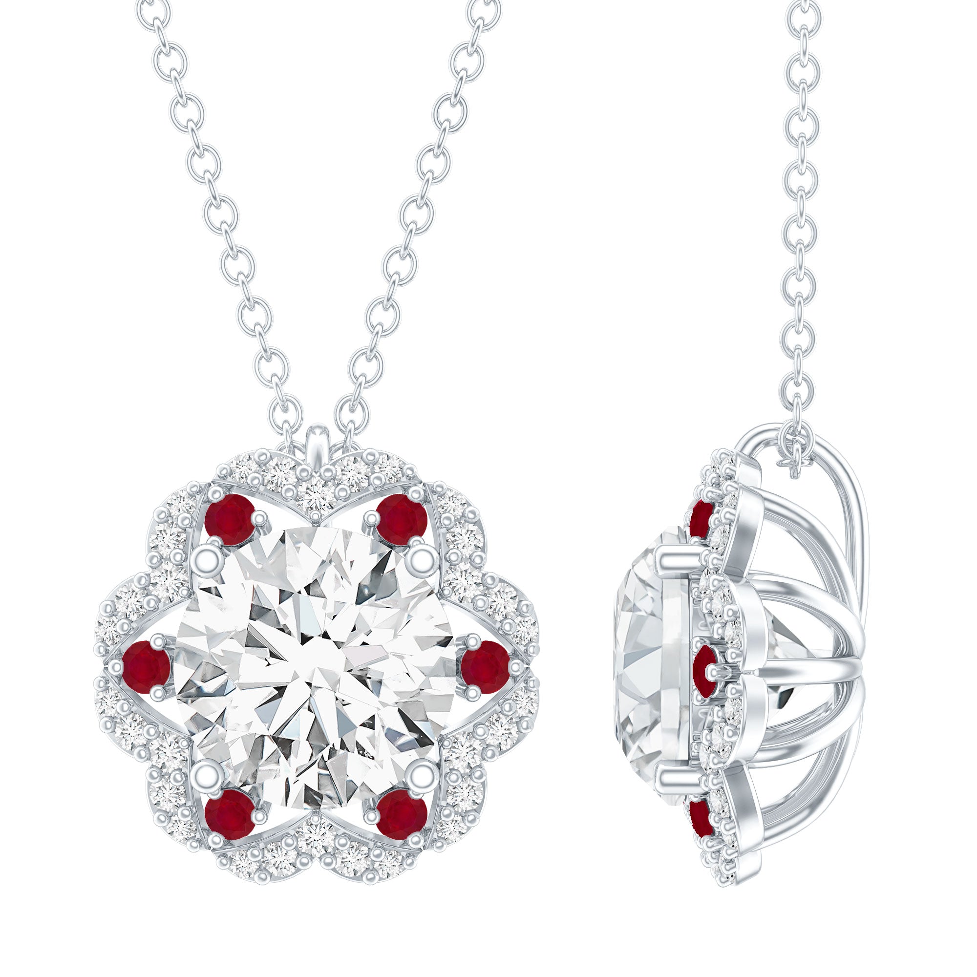 2 Carat Lab Grown Diamond Flower Statement Necklace With Ruby
