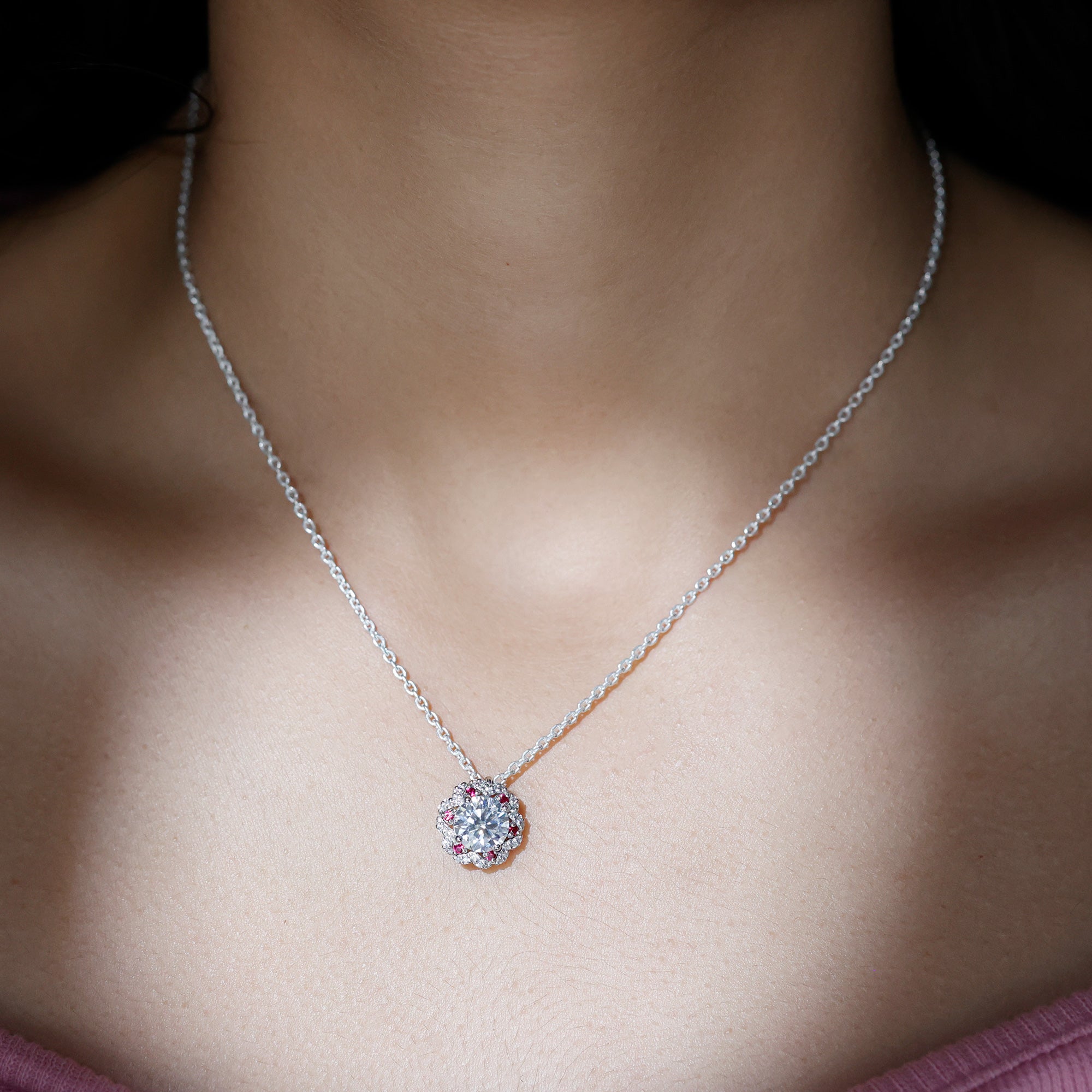 2 Carat Lab Grown Diamond Flower Statement Necklace With Ruby Lab - ( EF-VS ) - Rosec Jewels