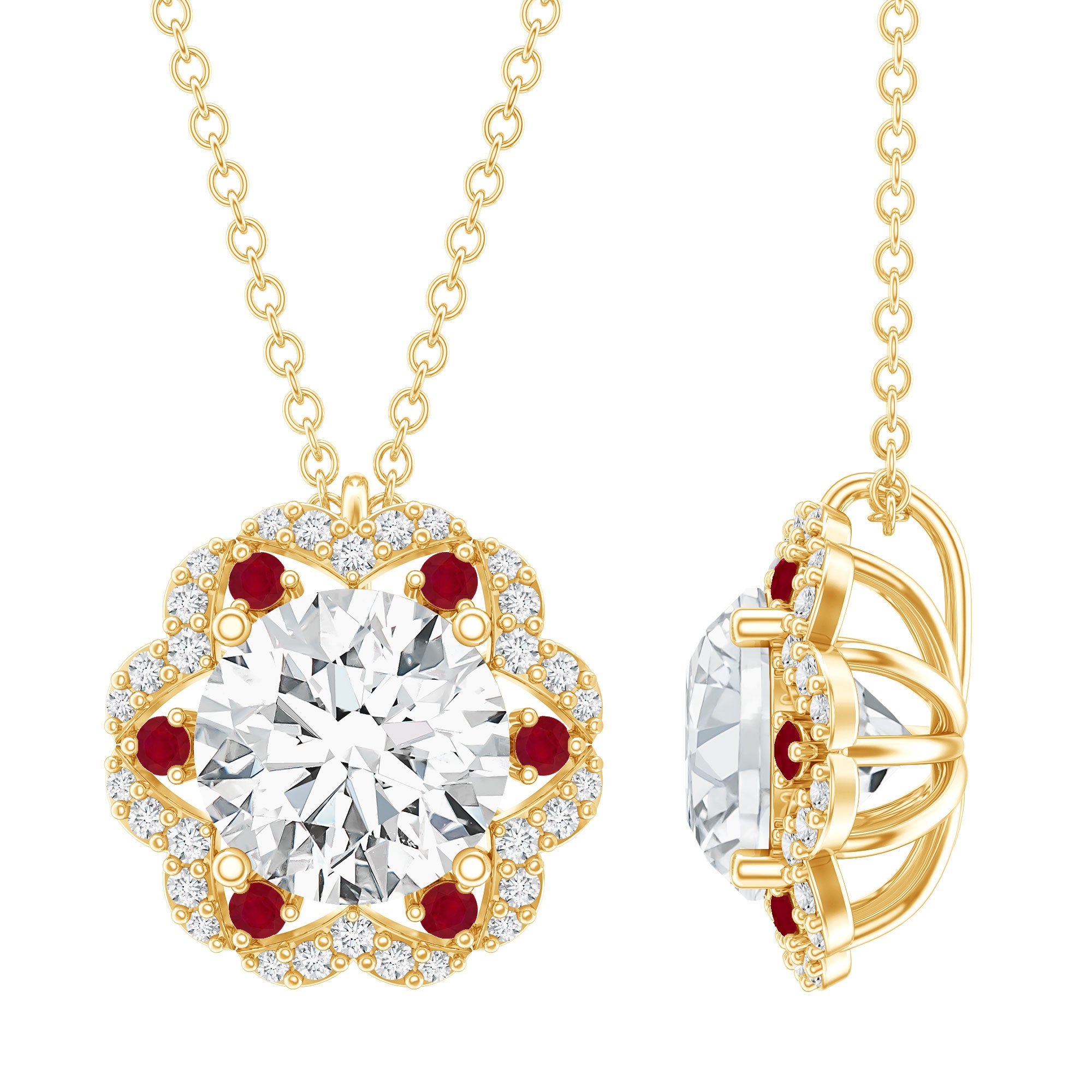 2 Carat Lab Grown Diamond Flower Statement Necklace With Ruby Lab - ( EF-VS ) - Rosec Jewels