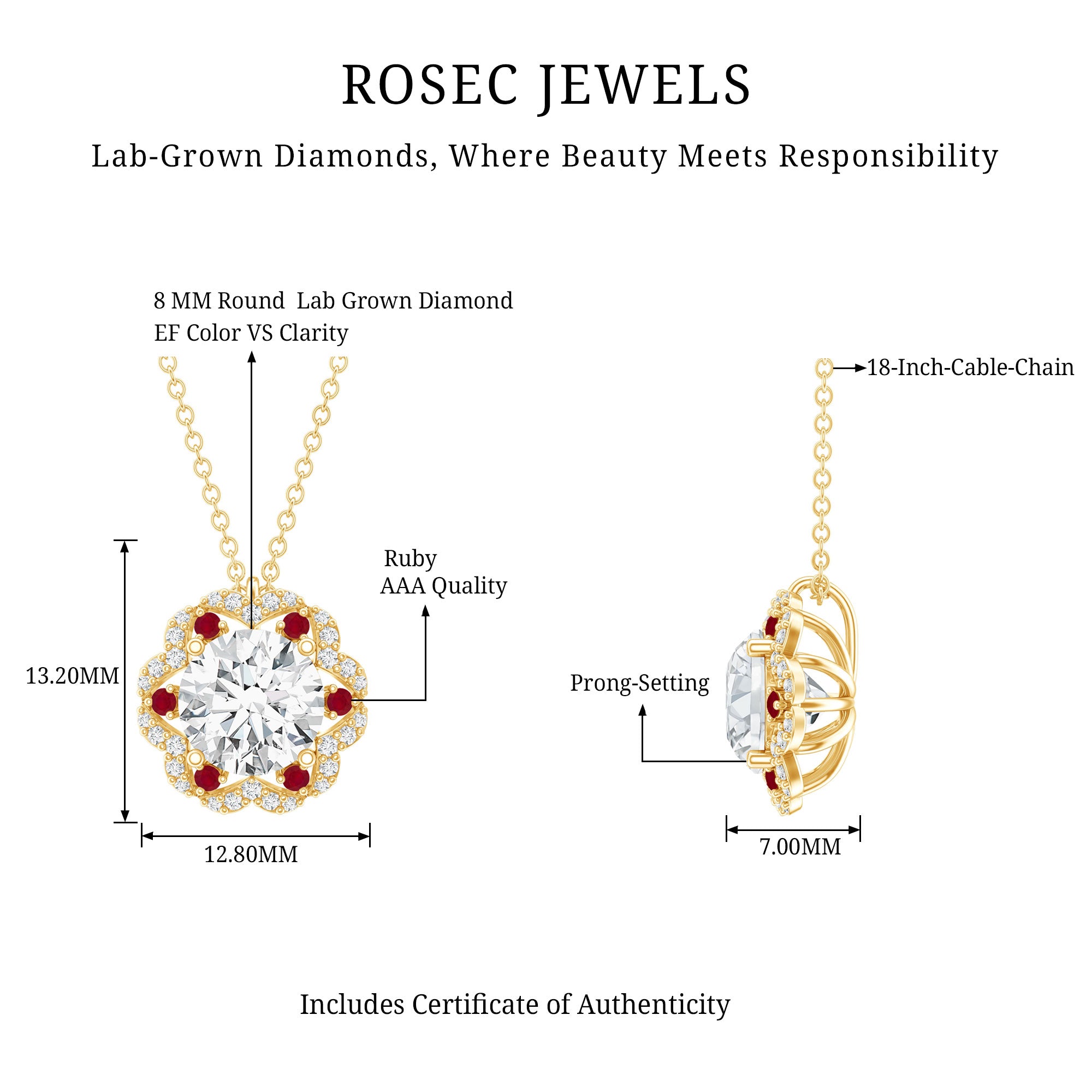 2 Carat Lab Grown Diamond Flower Statement Necklace With Ruby Lab - ( EF-VS ) - Rosec Jewels