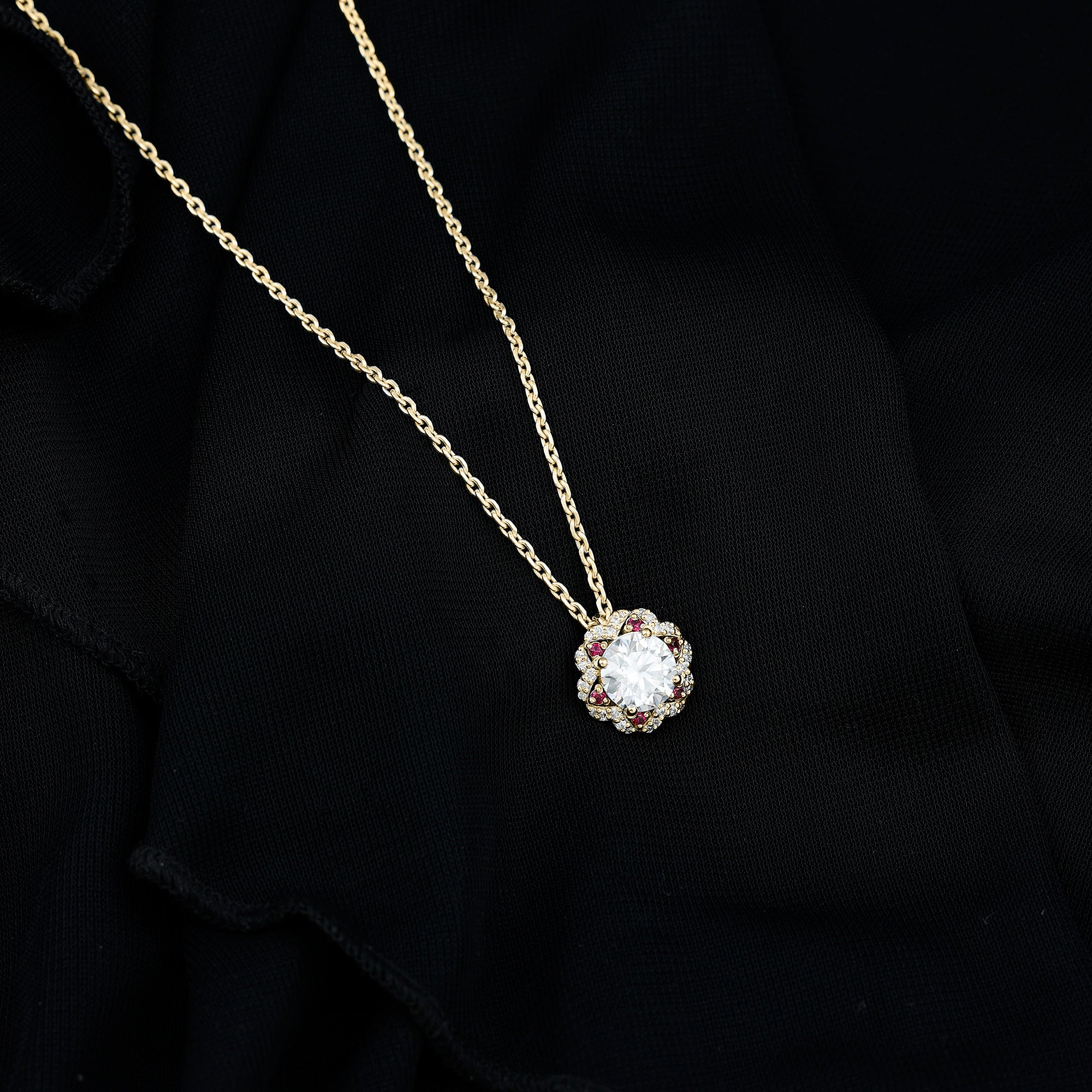 2 Carat Lab Grown Diamond Flower Statement Necklace With Ruby Lab - ( EF-VS ) - Rosec Jewels