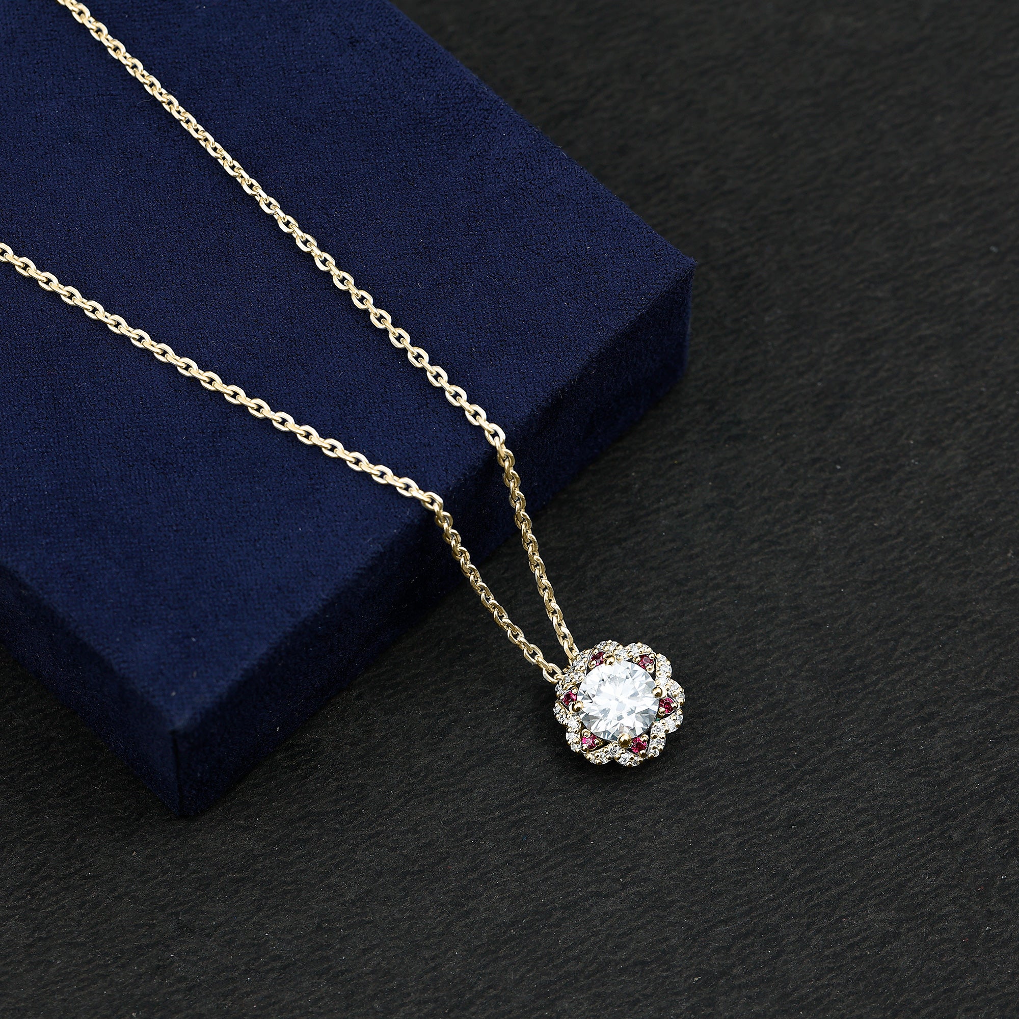 2 Carat Lab Grown Diamond Flower Statement Necklace With Ruby Lab - ( EF-VS ) - Rosec Jewels