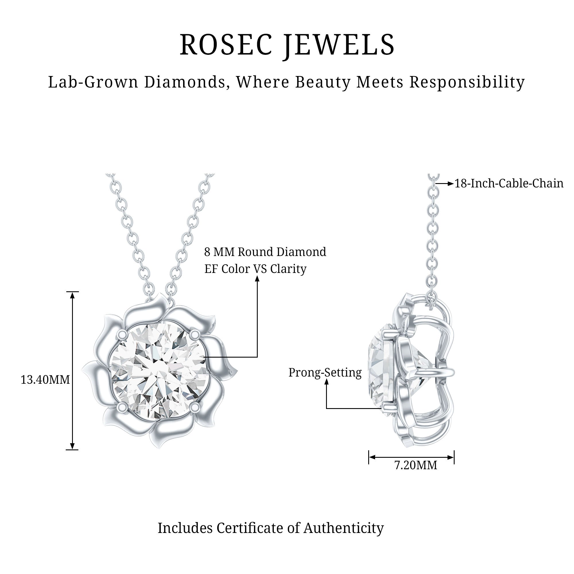 2 Carat Solitaire Lab Grown Diamond Flower Necklace Lab - ( EF-VS ) - Rosec Jewels