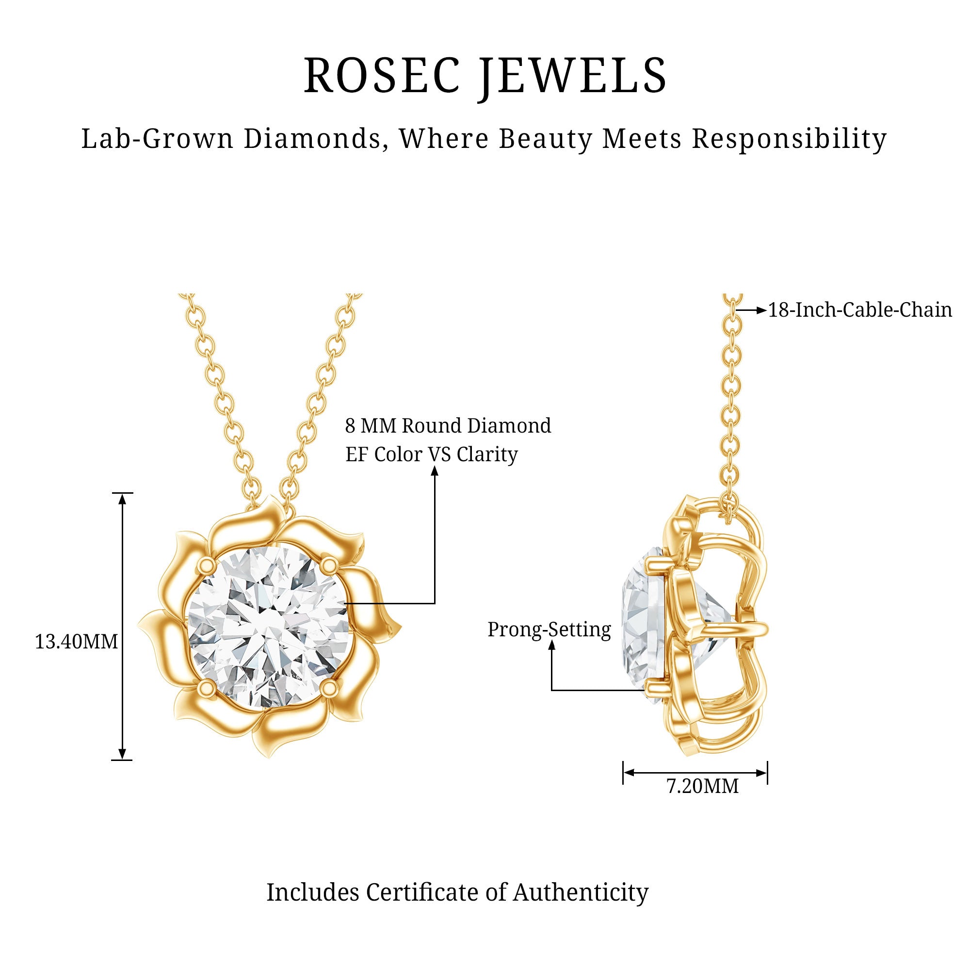2 Carat Solitaire Lab Grown Diamond Flower Necklace Lab - ( EF-VS ) - Rosec Jewels