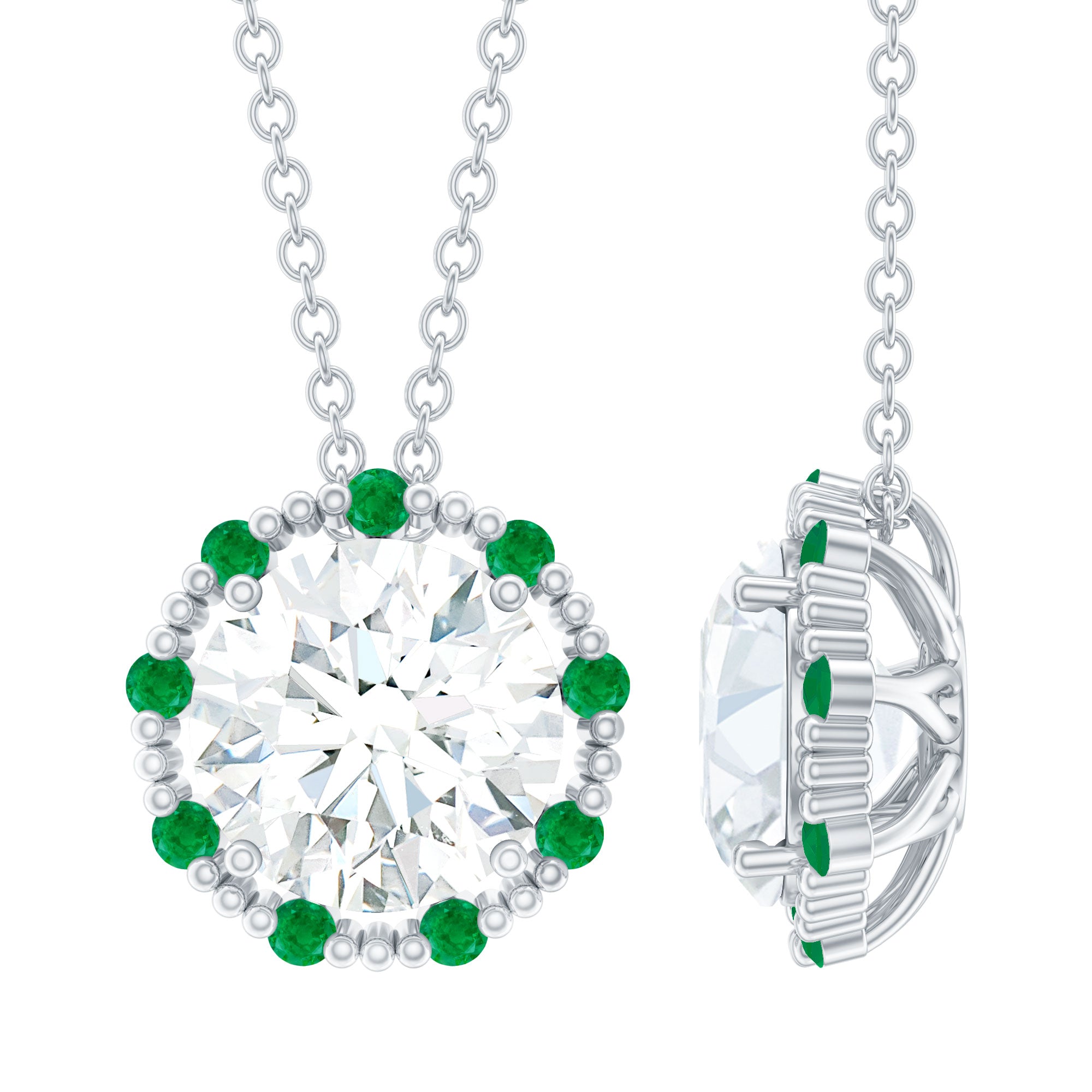 Certified Lab 8 MM Round Diamond Halo Necklace With Emerald