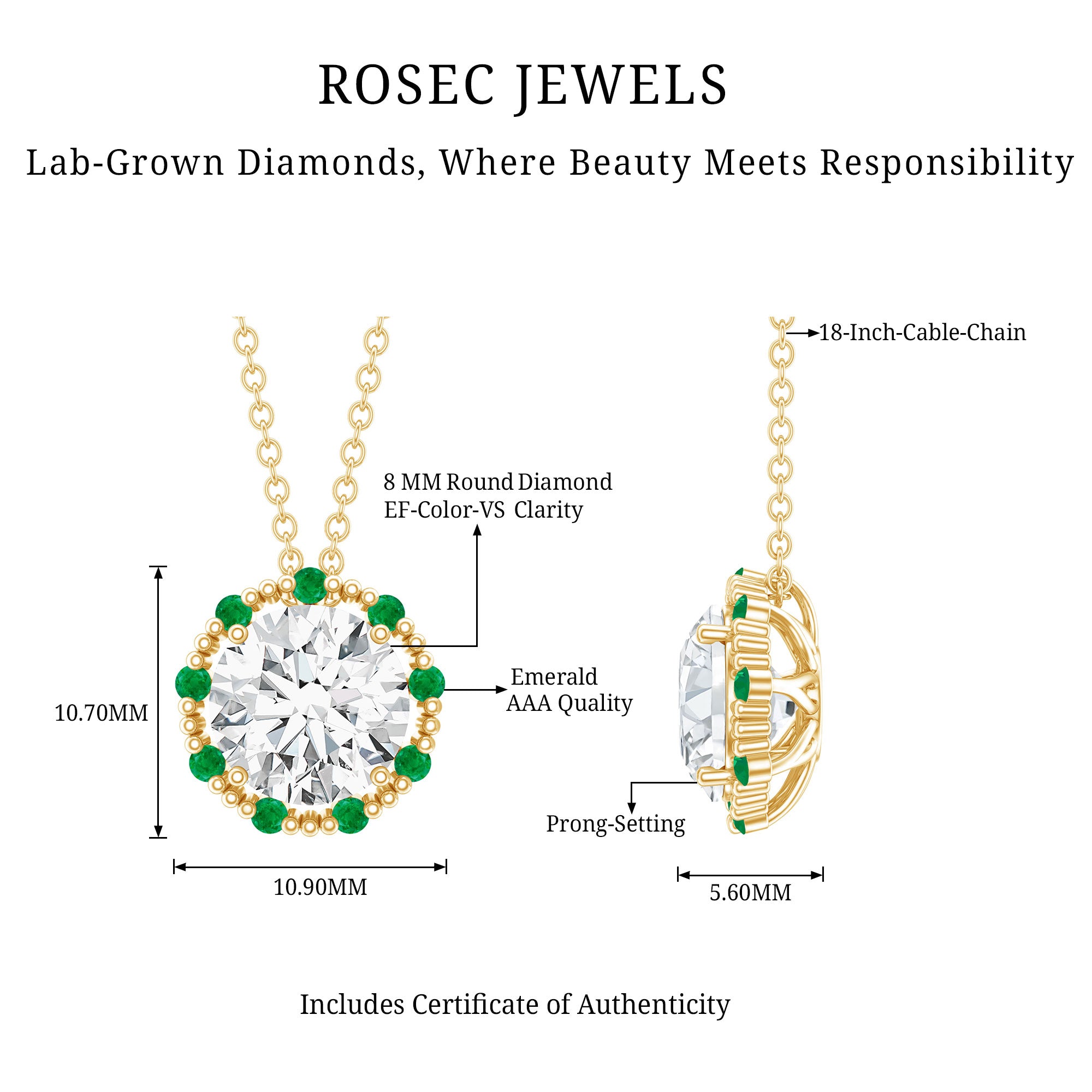 Certified Lab 8 MM Round Diamond Halo Necklace With Emerald Lab - ( EF-VS ) - Rosec Jewels