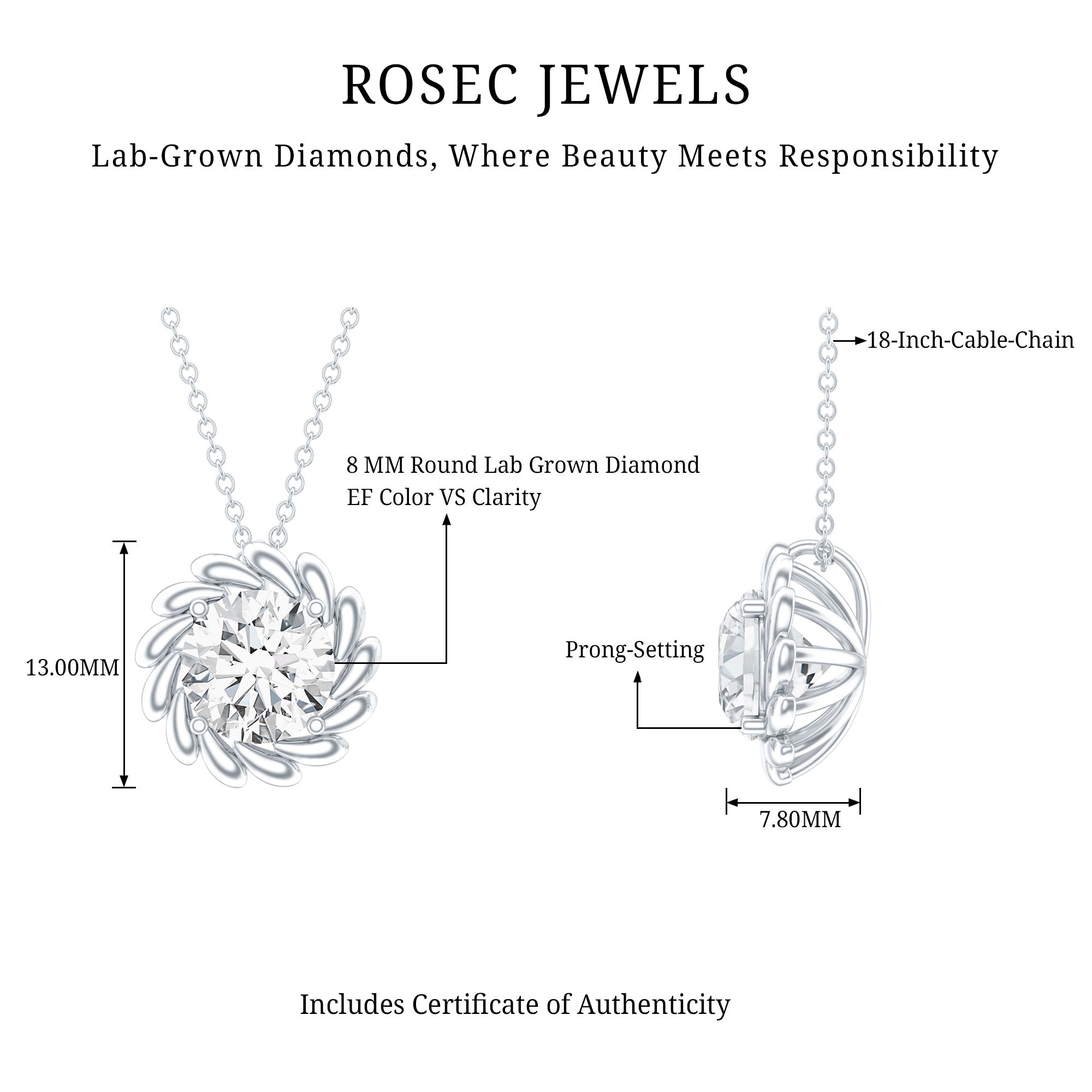 2 Carat Lab Grown Diamond Solitaire Necklace For Women Lab - ( EF-VS ) - Rosec Jewels