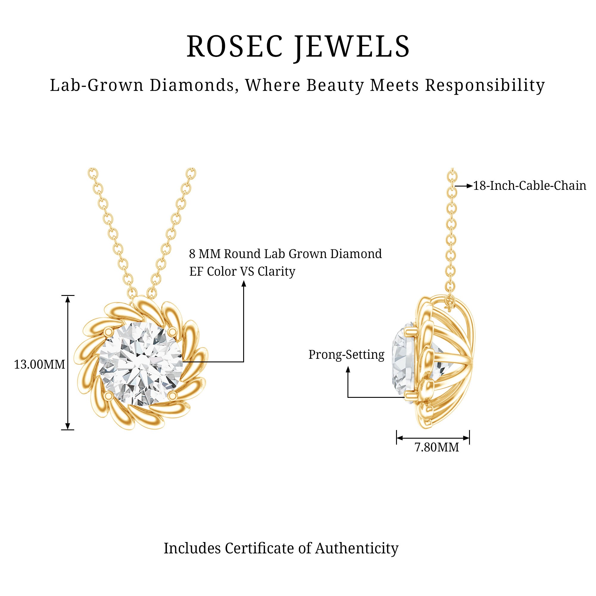 2 Carat Lab Grown Diamond Solitaire Necklace For Women Lab - ( EF-VS ) - Rosec Jewels