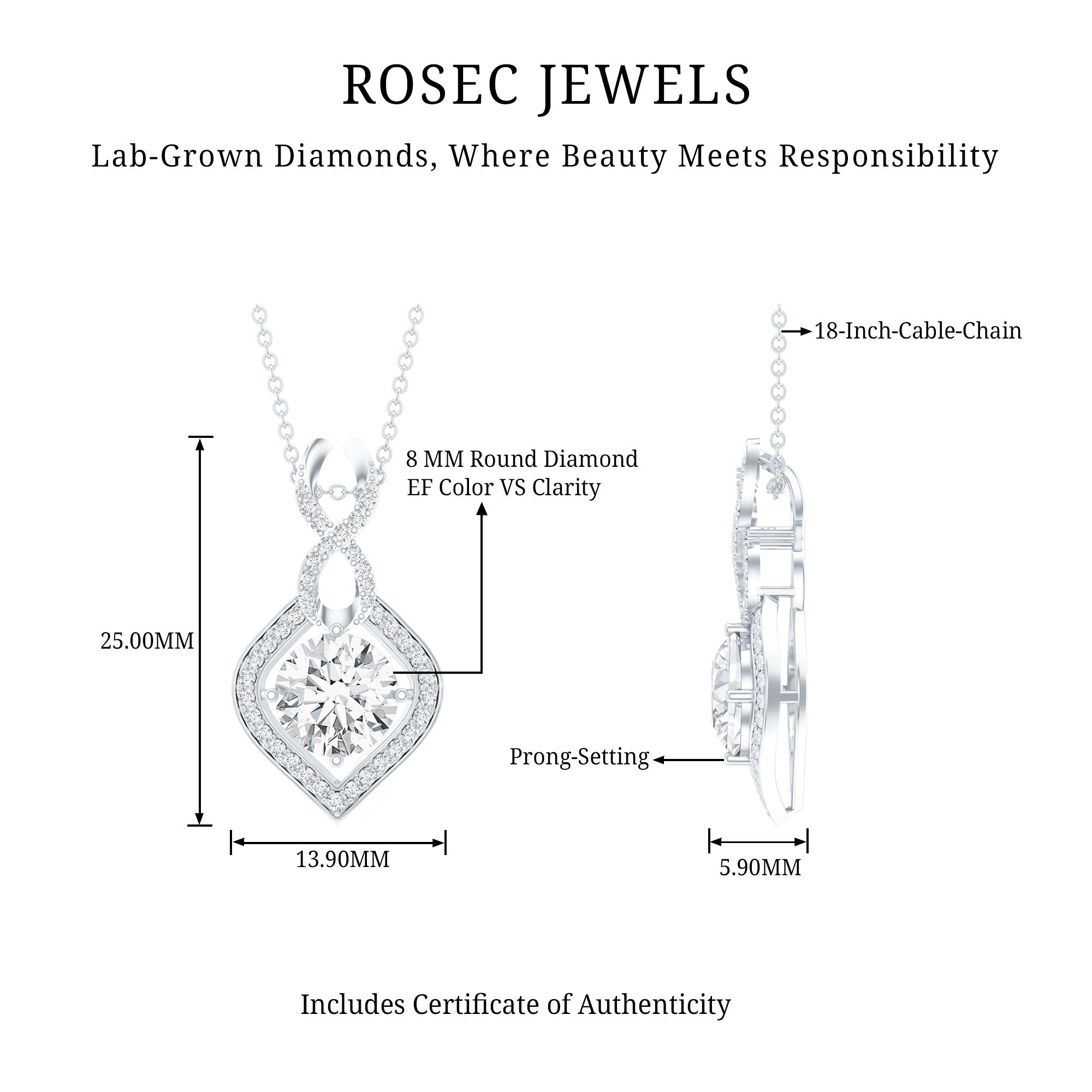 8 MM Round Lab Grown Diamond Infinity Loop Necklace Lab - ( EF-VS ) - Rosec Jewels