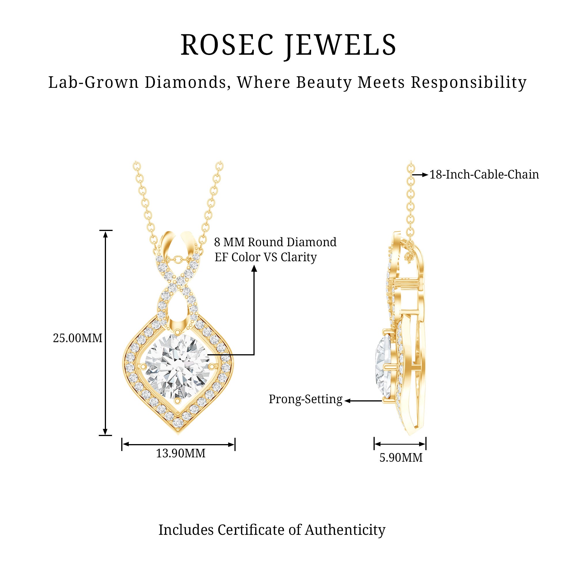 8 MM Round Lab Grown Diamond Infinity Loop Necklace Lab - ( EF-VS ) - Rosec Jewels