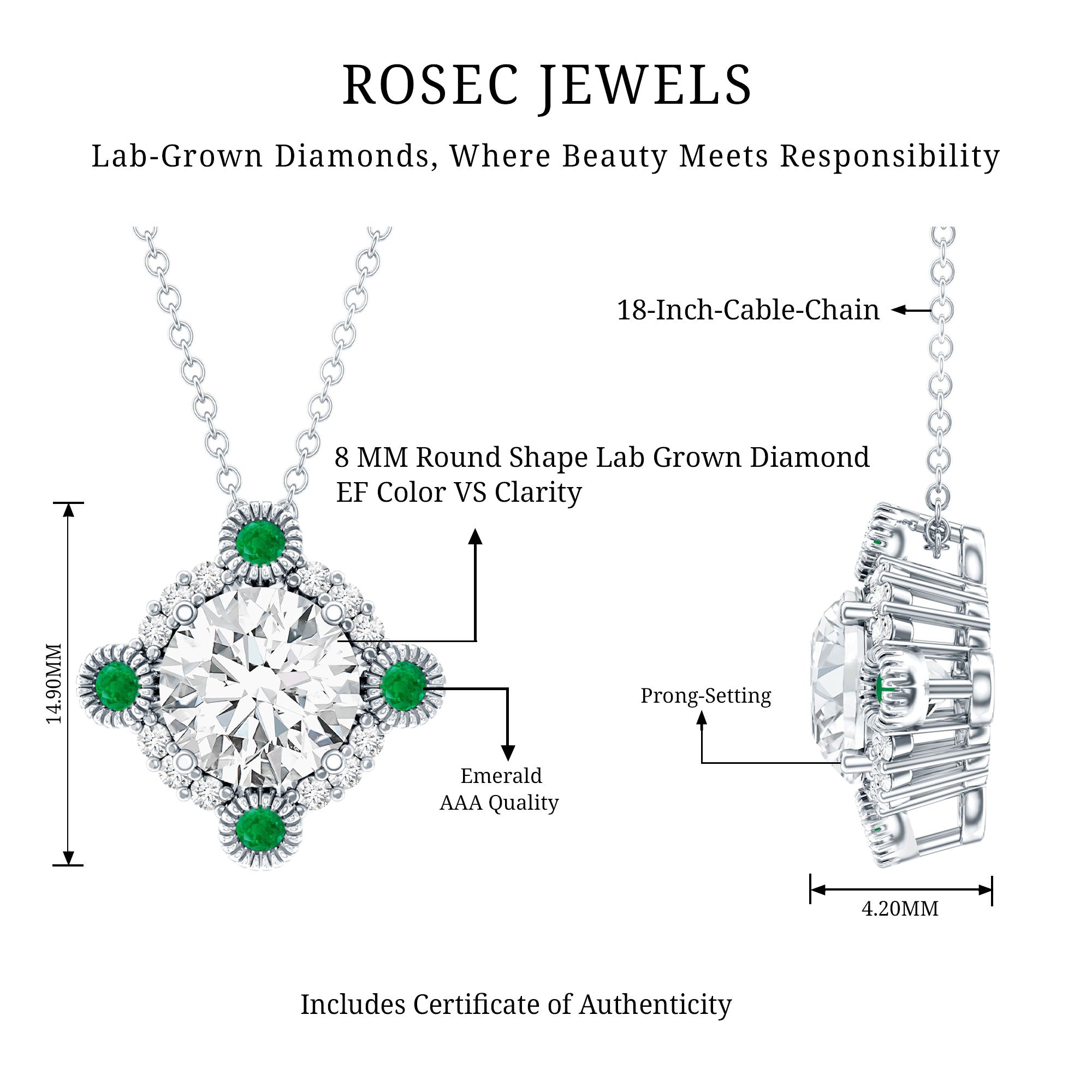 Lab Grown Diamond Bridal Necklace With Emerald Lab - ( EF-VS ) - Rosec Jewels