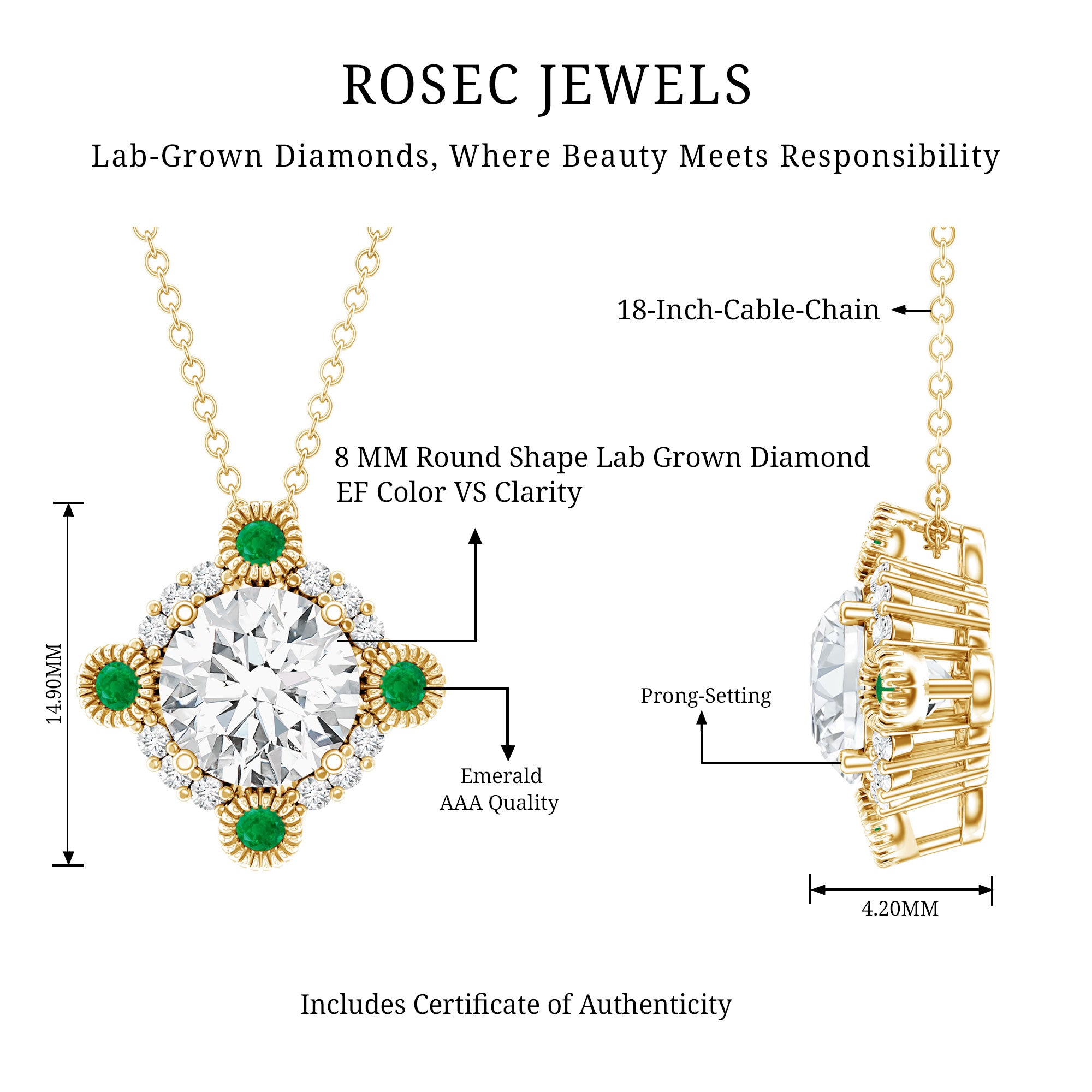Lab Grown Diamond Bridal Necklace With Emerald Lab - ( EF-VS ) - Rosec Jewels