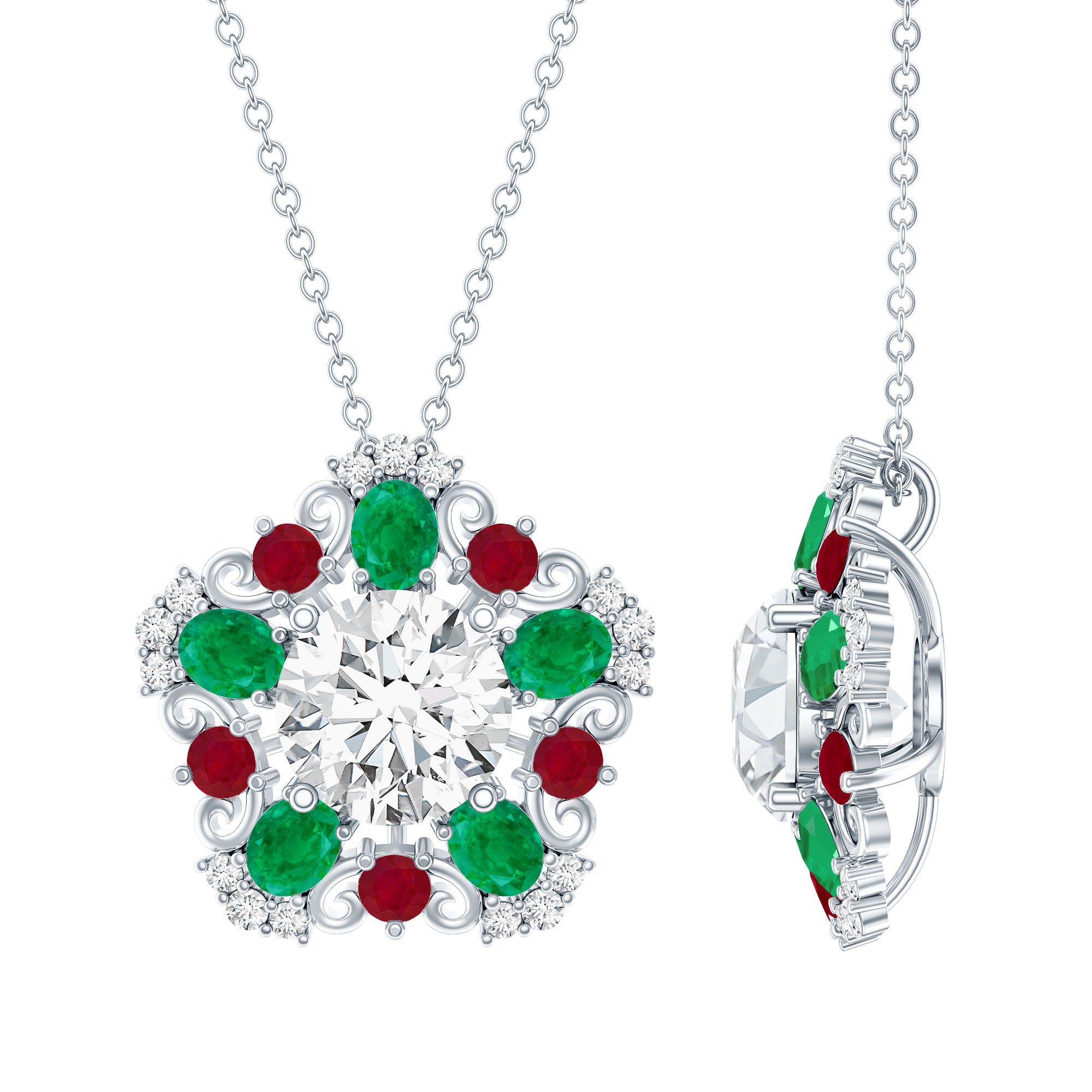 Lab Grown Diamond Cocktail Necklace With Emerald Ruby Lab - ( EF-VS ) - Rosec Jewels