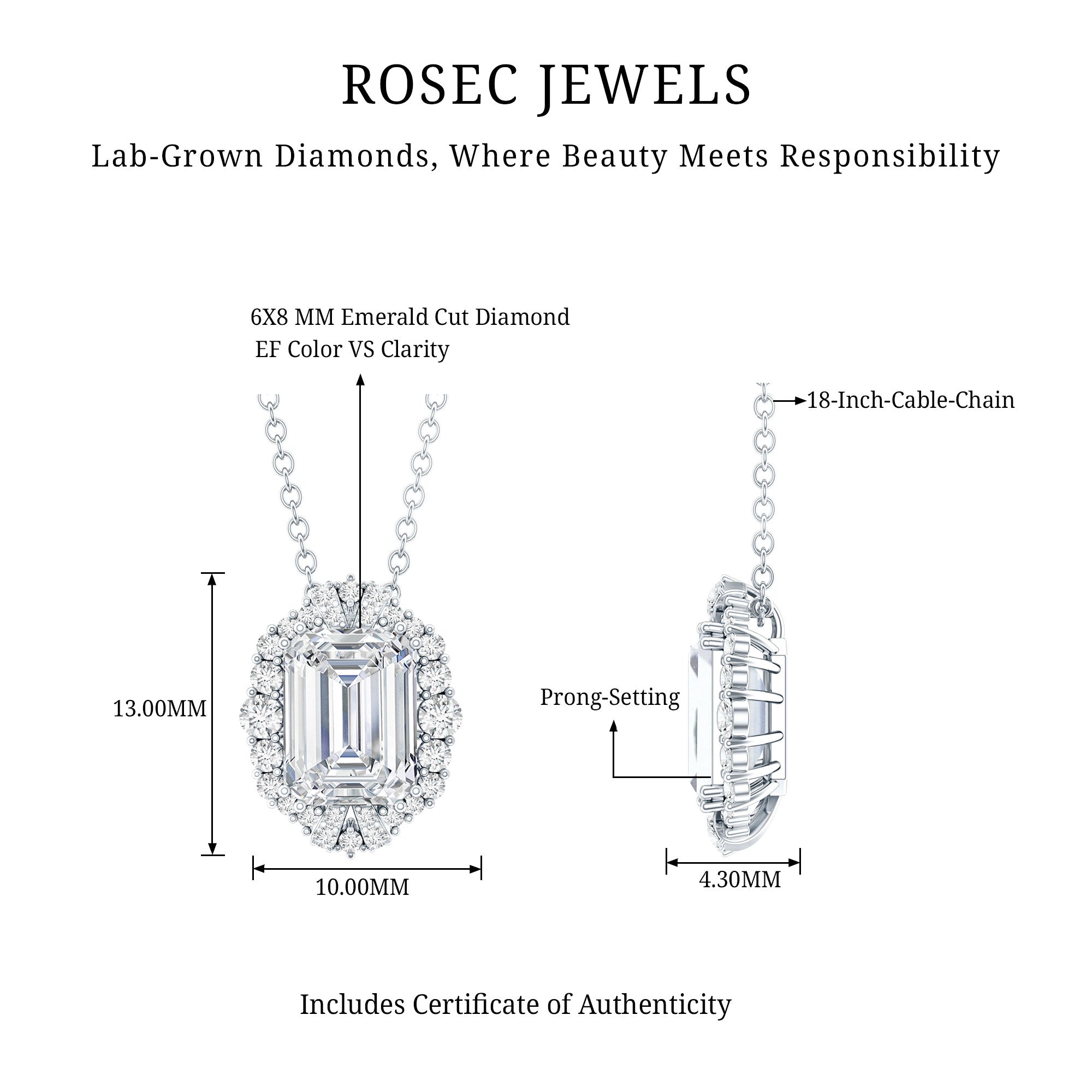 Certified 6X8 MM Emerald Cut Lab Grown Diamond Statement Necklace With Halo Lab - ( EF-VS ) - Rosec Jewels