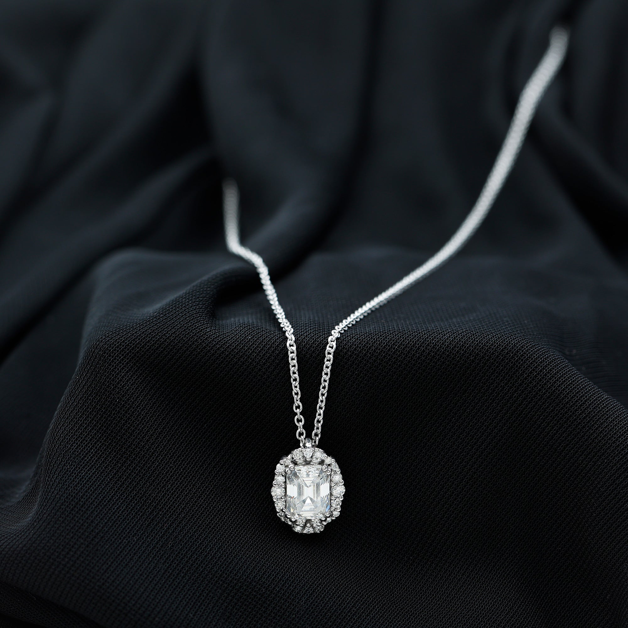Certified 6X8 MM Emerald Cut Lab Grown Diamond Statement Necklace With Halo Lab - ( EF-VS ) - Rosec Jewels