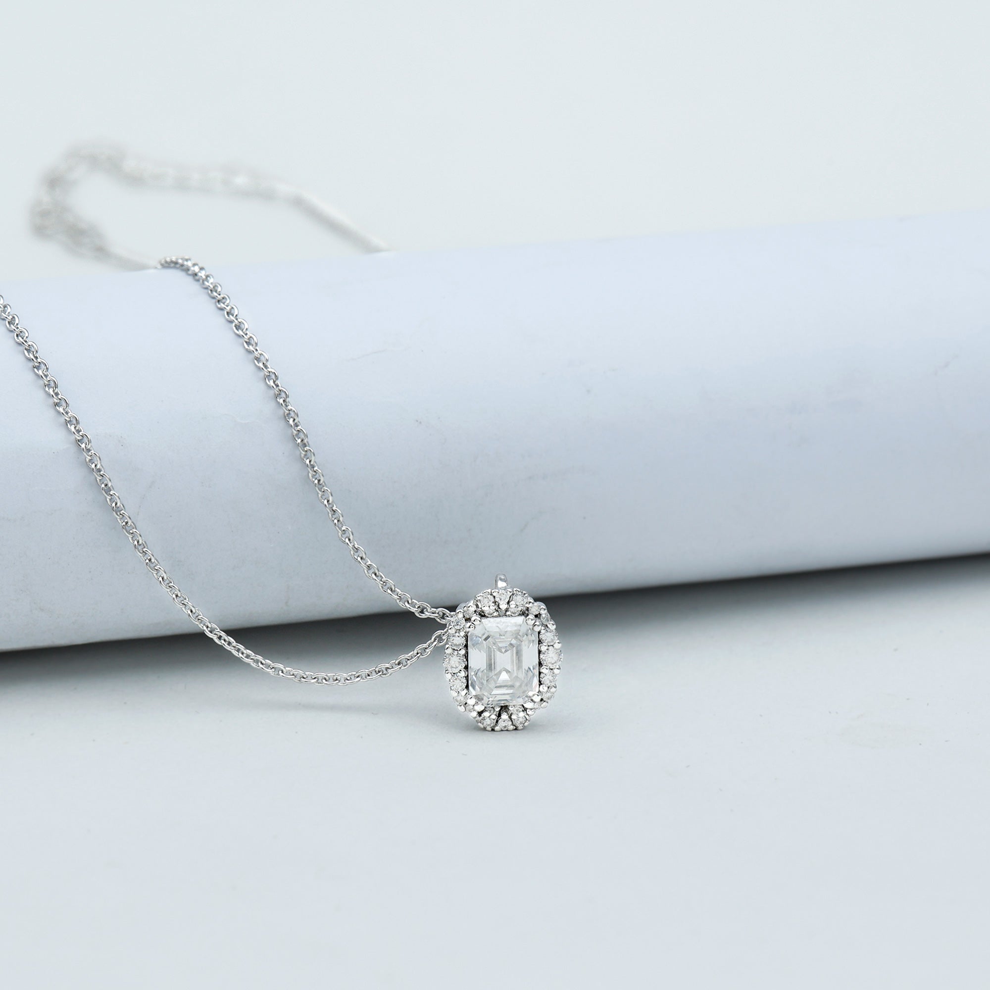 Certified 6X8 MM Emerald Cut Lab Grown Diamond Statement Necklace With Halo Lab - ( EF-VS ) - Rosec Jewels