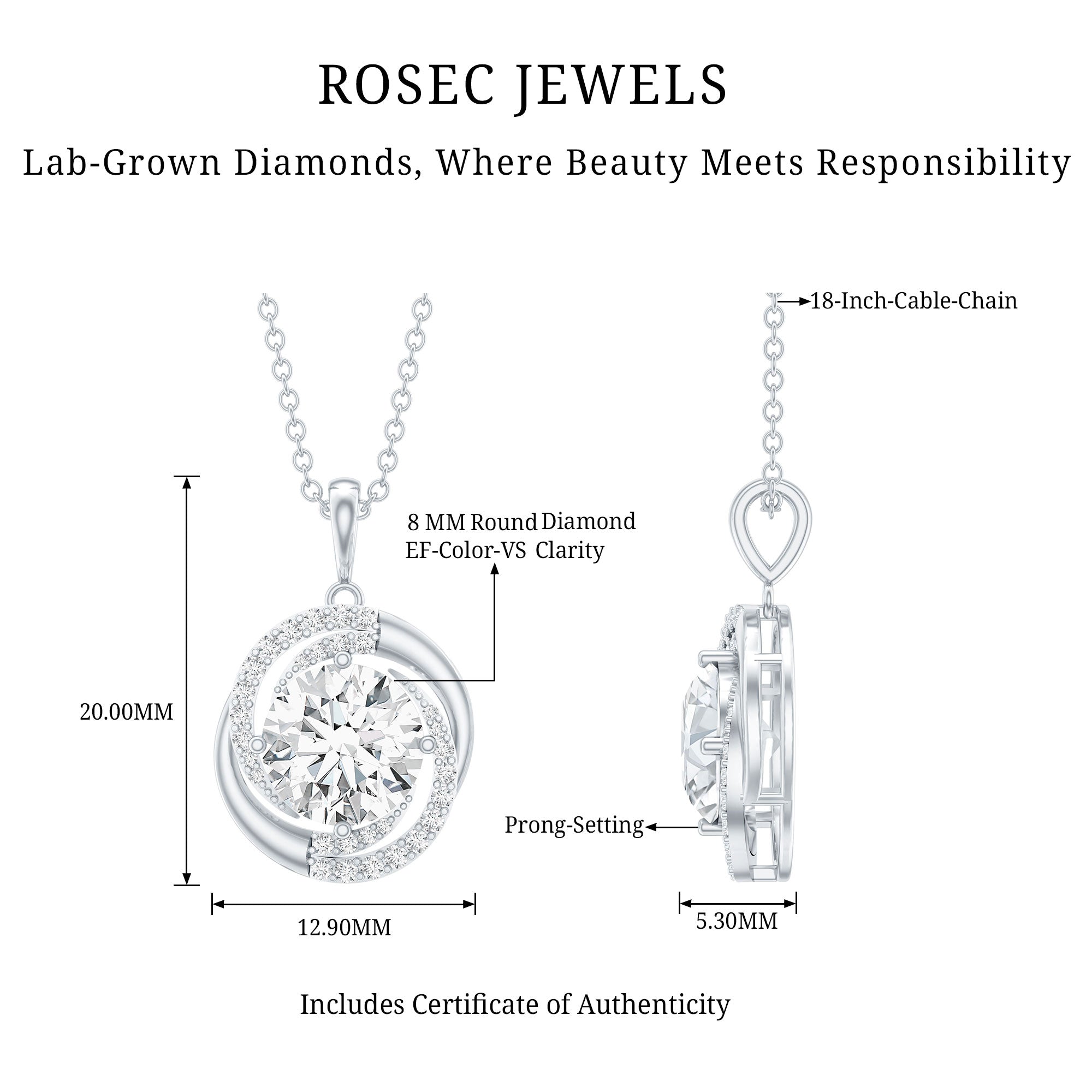 Prong Set 8 MM Round Lab Grown Diamond Swirl Pendant Necklace Lab - ( EF-VS ) - Rosec Jewels
