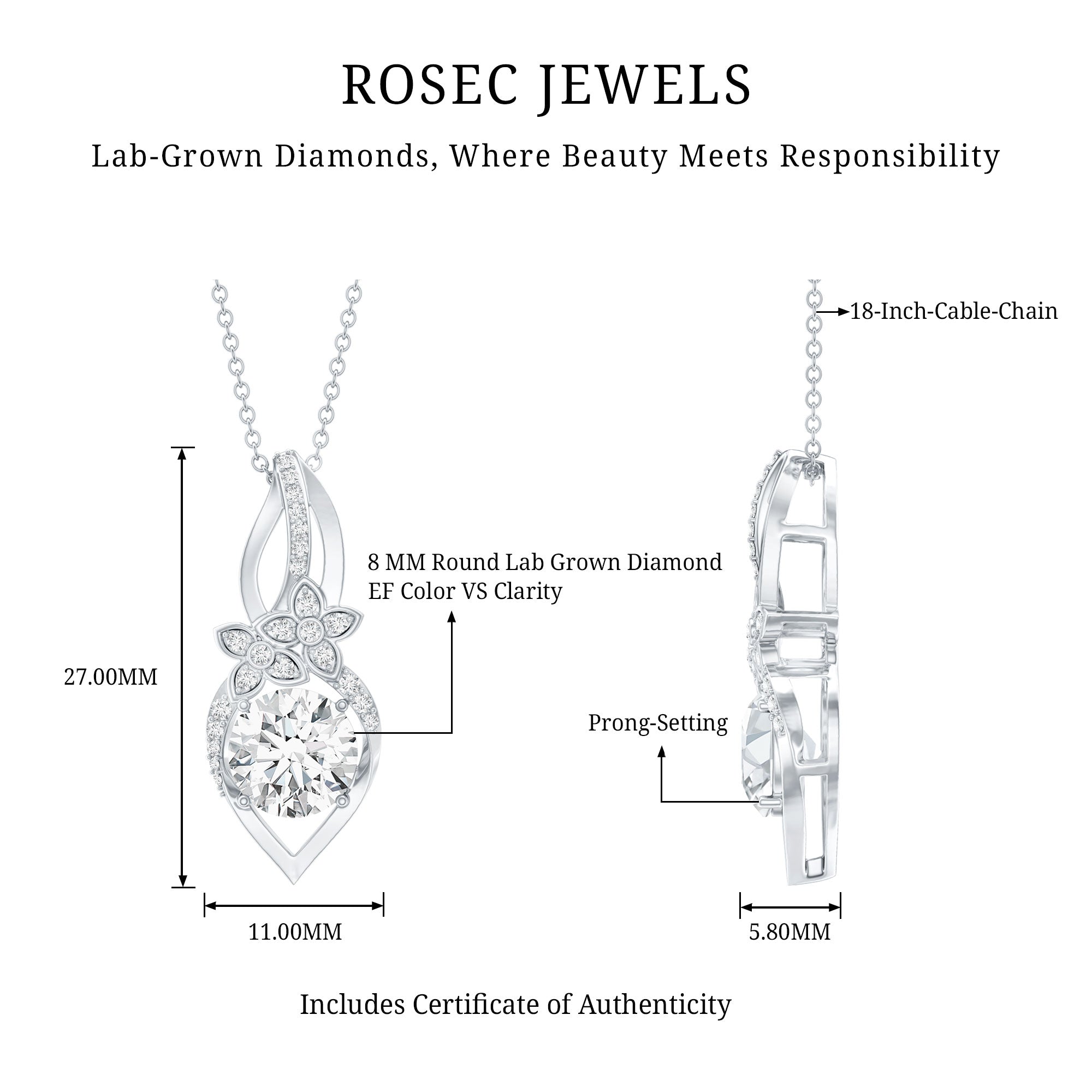Lab Grown Diamond Flower Statement Necklace Lab - ( EF-VS ) - Rosec Jewels