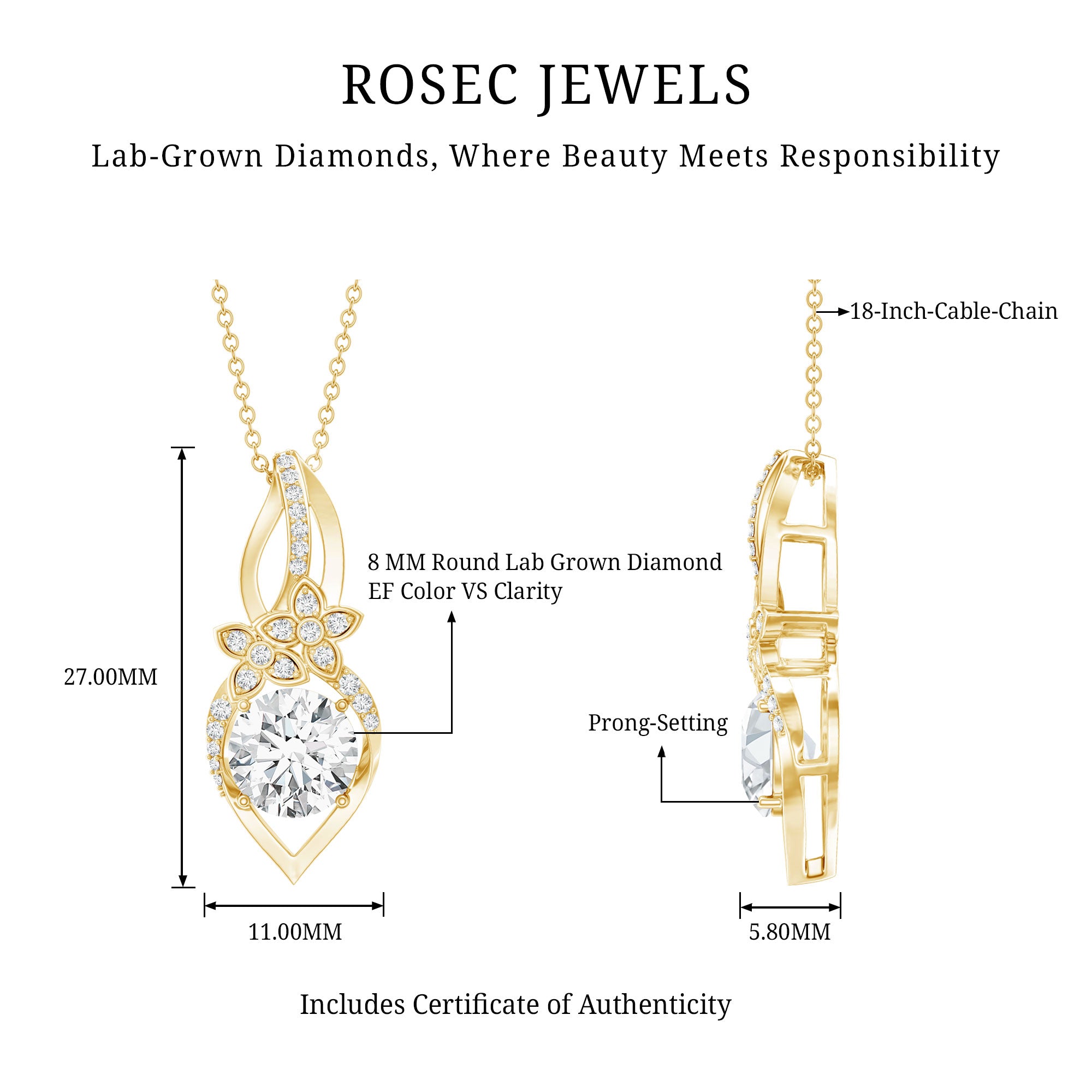 Lab Grown Diamond Flower Statement Necklace Lab - ( EF-VS ) - Rosec Jewels