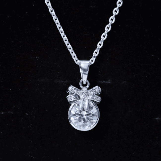 Bezel Set Lab Grown Diamond Solitaire Necklace With Cute Bow Lab - ( EF-VS ) - Rosec Jewels