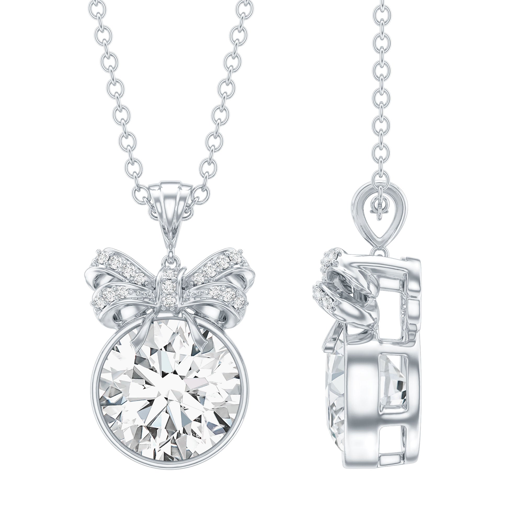 Bezel Set Lab Grown Diamond Solitaire Necklace With Cute Bow Lab - ( EF-VS ) - Rosec Jewels