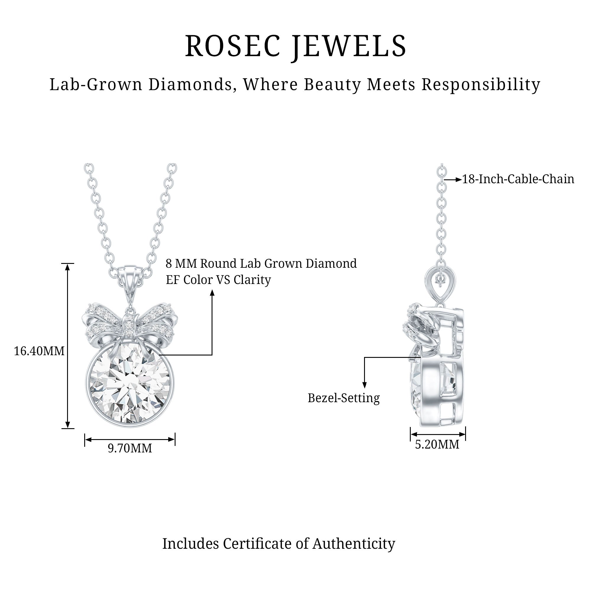 Bezel Set Lab Grown Diamond Solitaire Necklace With Cute Bow Lab - ( EF-VS ) - Rosec Jewels