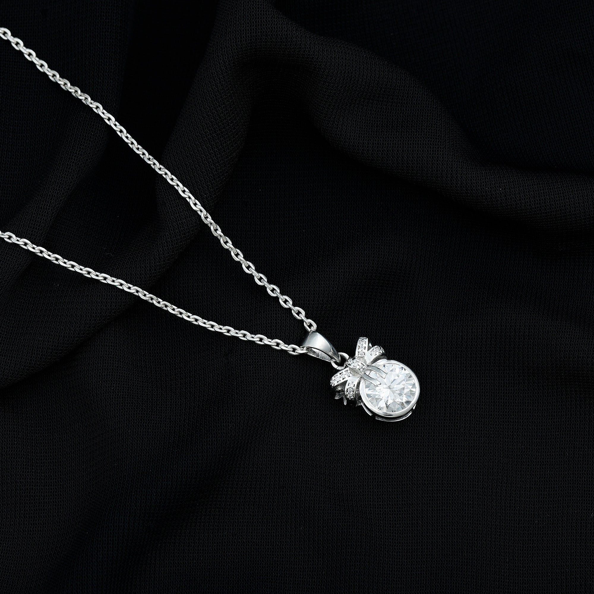 Bezel Set Lab Grown Diamond Solitaire Necklace With Cute Bow Lab - ( EF-VS ) - Rosec Jewels