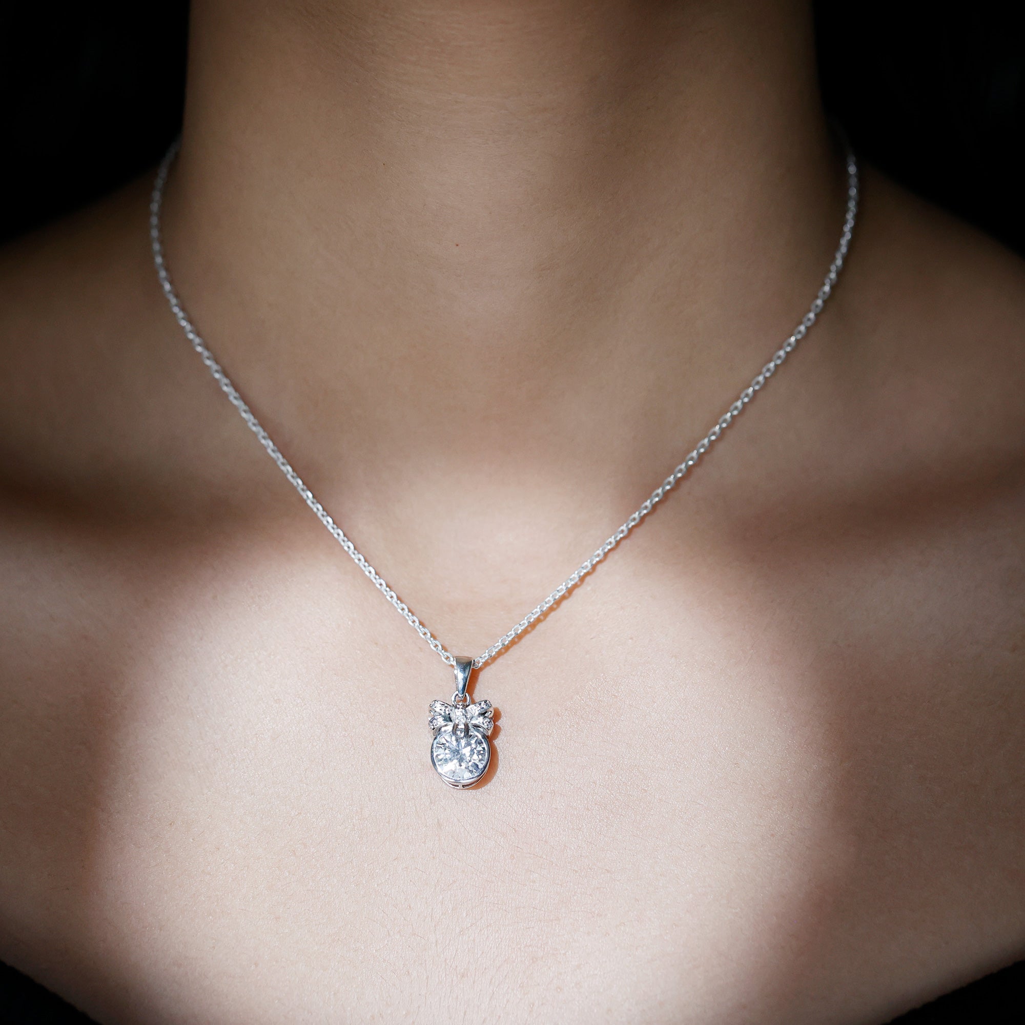 Bezel Set Lab Grown Diamond Solitaire Necklace With Cute Bow Lab - ( EF-VS ) - Rosec Jewels
