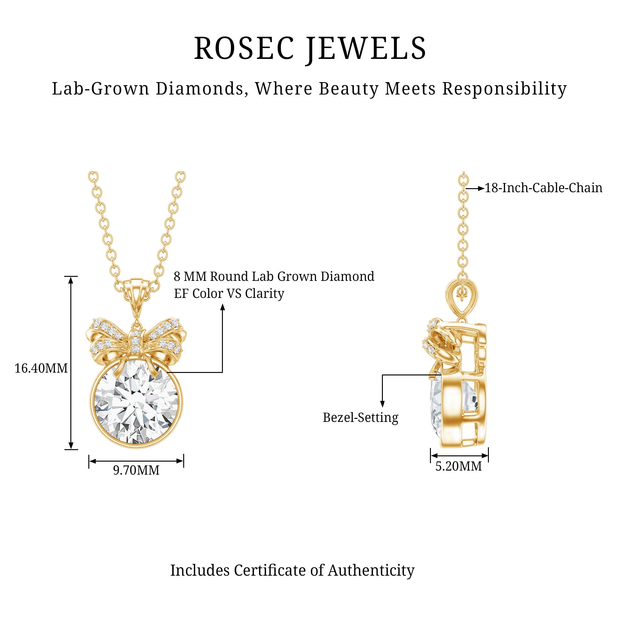 Bezel Set Lab Grown Diamond Solitaire Necklace With Cute Bow Lab - ( EF-VS ) - Rosec Jewels