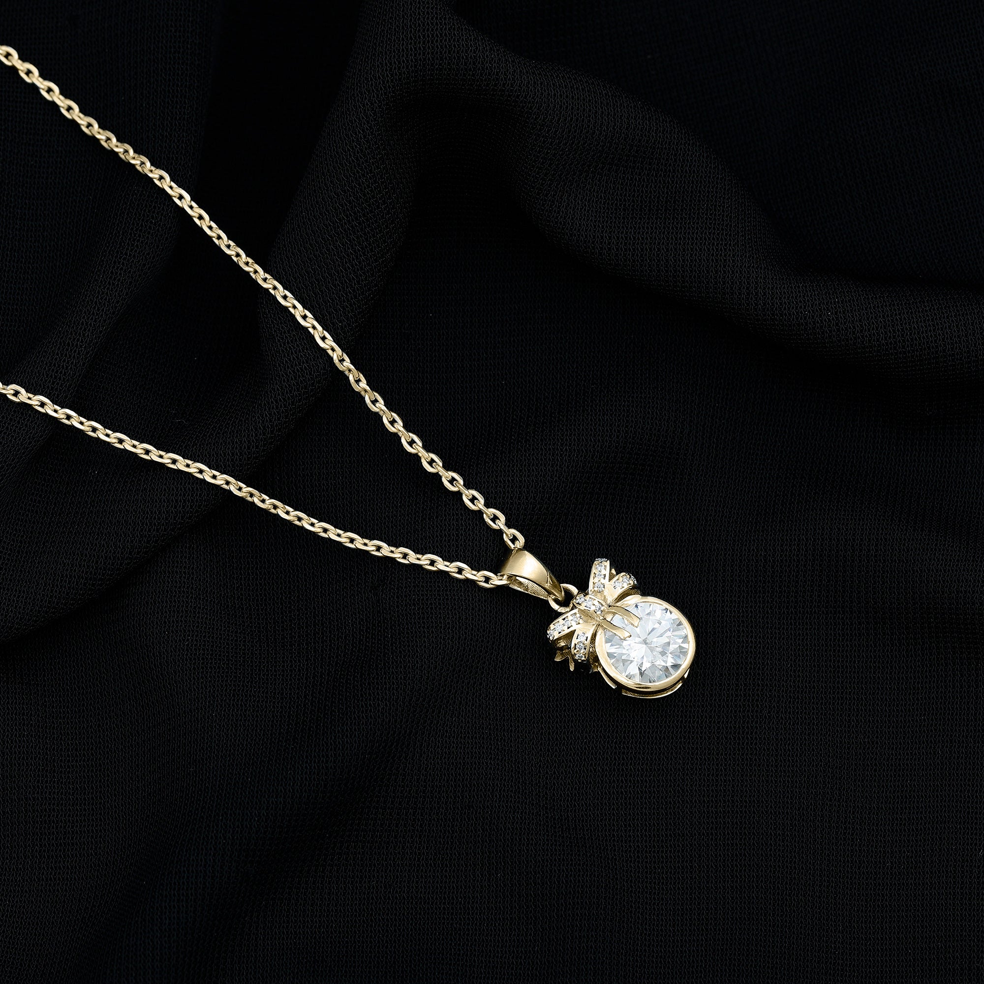 Bezel Set Lab Grown Diamond Solitaire Necklace With Cute Bow Lab - ( EF-VS ) - Rosec Jewels