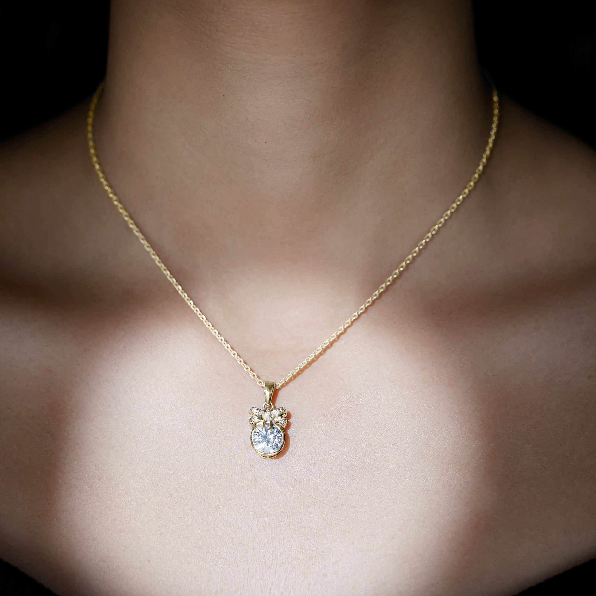 Bezel Set Lab Grown Diamond Solitaire Necklace With Cute Bow Lab - ( EF-VS ) - Rosec Jewels