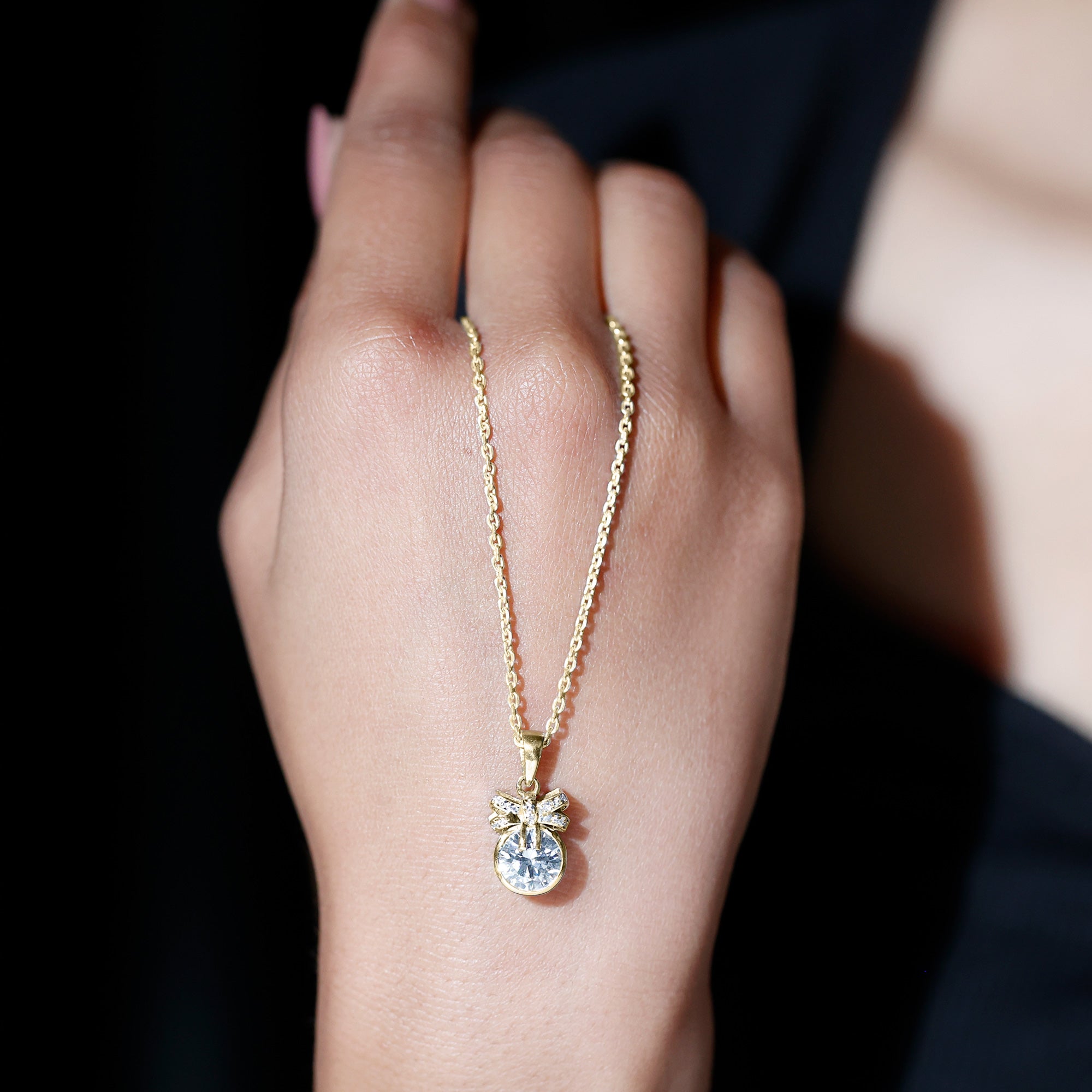Bezel Set Lab Grown Diamond Solitaire Necklace With Cute Bow Lab - ( EF-VS ) - Rosec Jewels