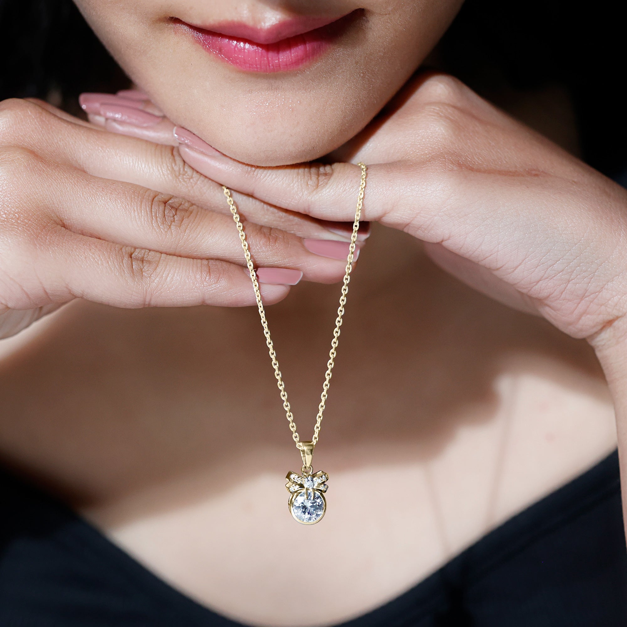 Bezel Set Lab Grown Diamond Solitaire Necklace With Cute Bow Lab - ( EF-VS ) - Rosec Jewels