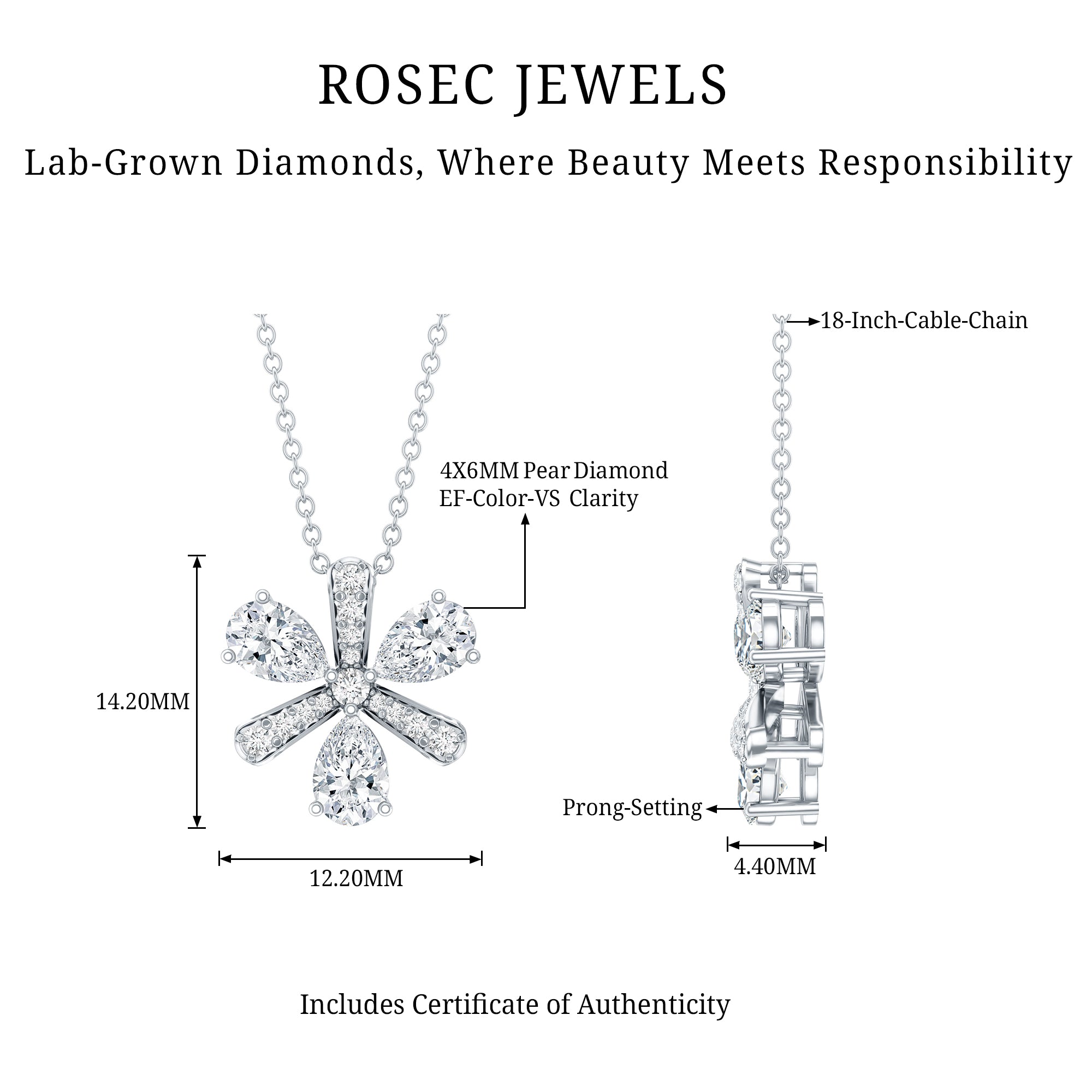Certified Pear Shape Lab Grown Diamond Flower Pendant Necklace Lab - ( EF-VS ) - Rosec Jewels