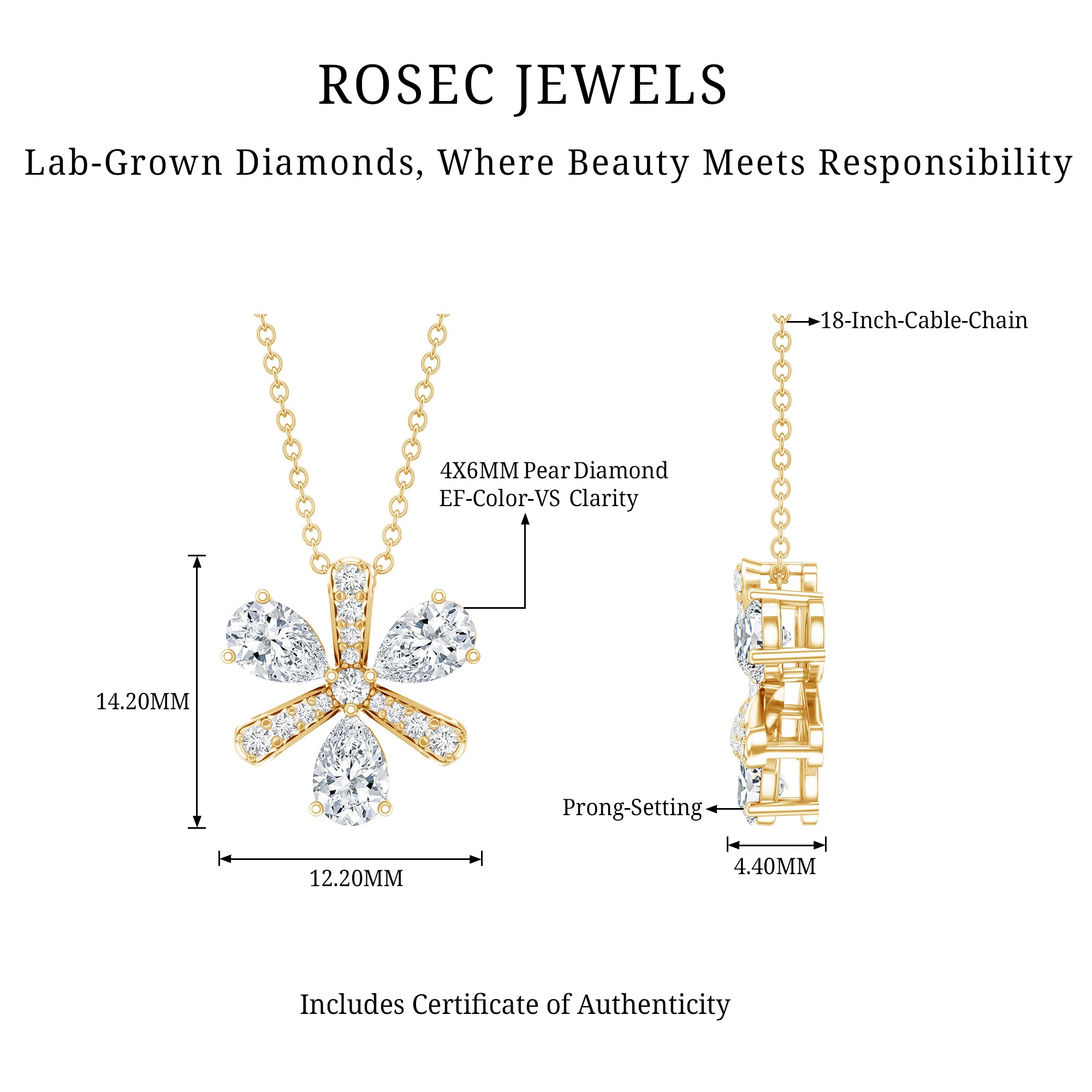 Certified Pear Shape Lab Grown Diamond Flower Pendant Necklace Lab - ( EF-VS ) - Rosec Jewels