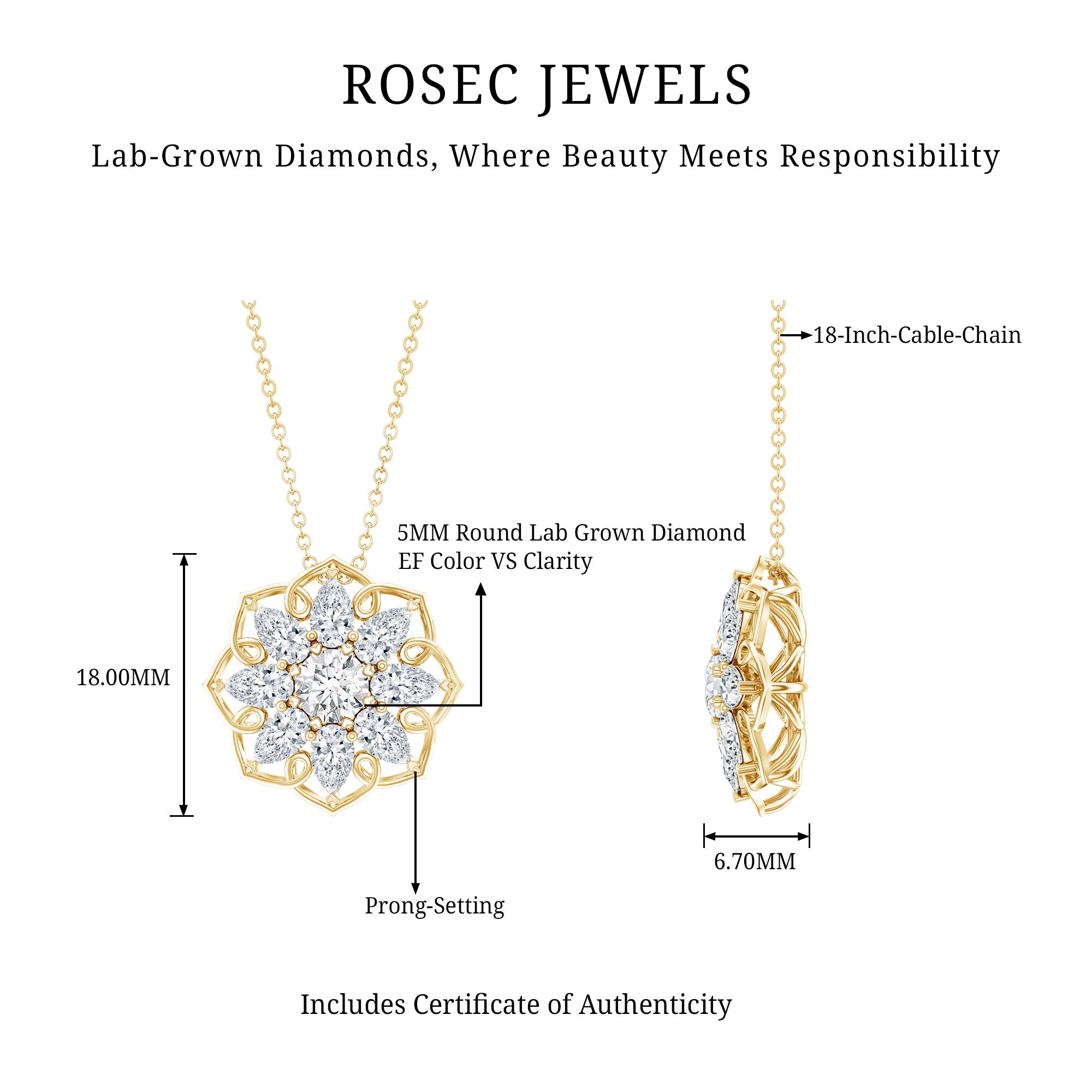 Lab Grown Diamond Statement Flower Necklace Lab - ( EF-VS ) - Rosec Jewels