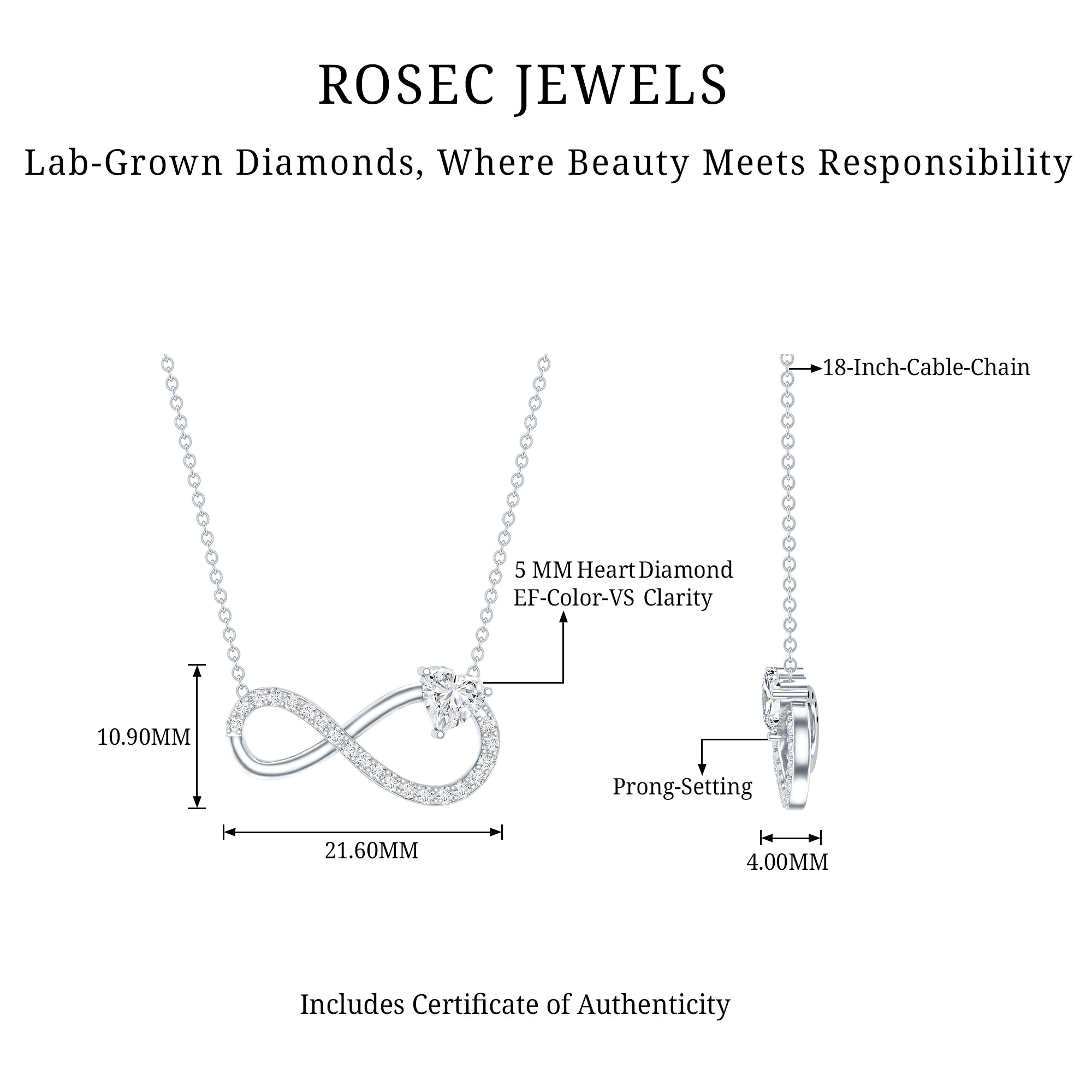 Lab Grown Diamond Infinity Heart Necklace For Women Lab - ( EF-VS ) - Rosec Jewels