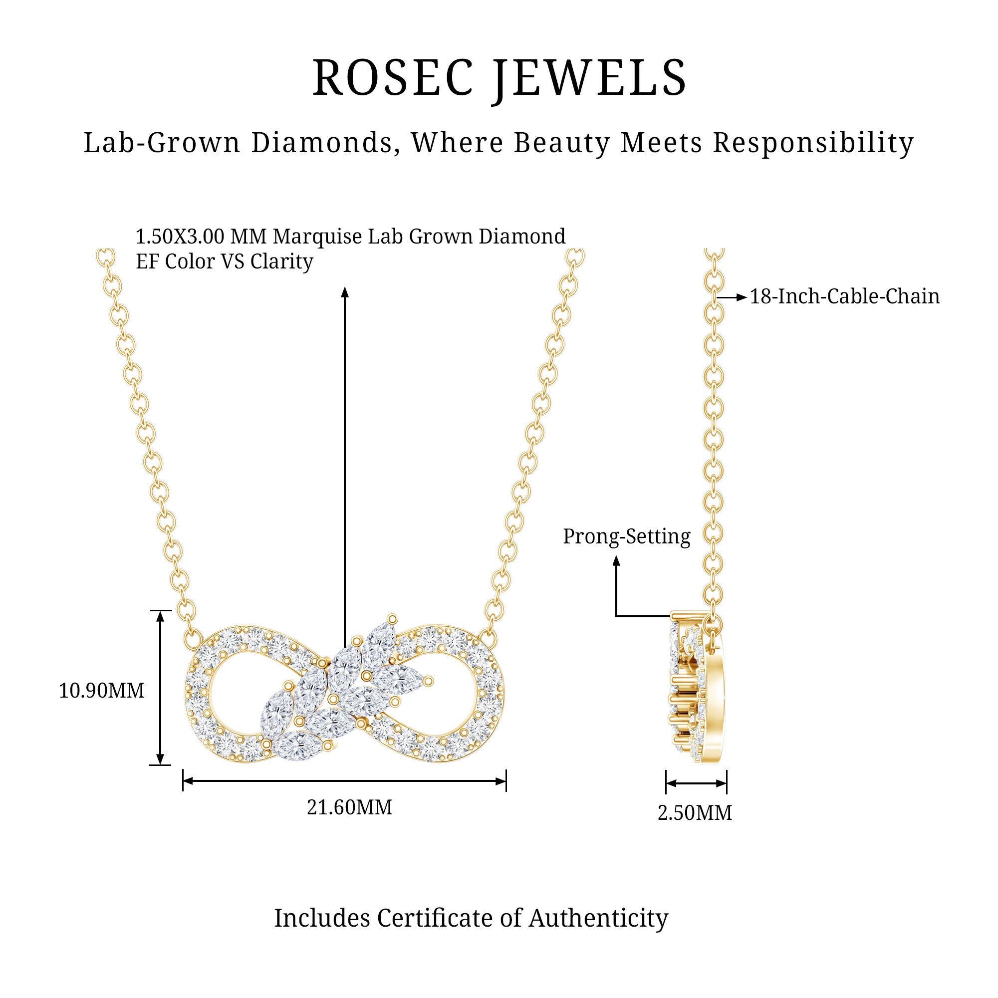 Lab Grown Diamond Infinity Love Knot Necklace For Women Lab - ( EF-VS ) - Rosec Jewels