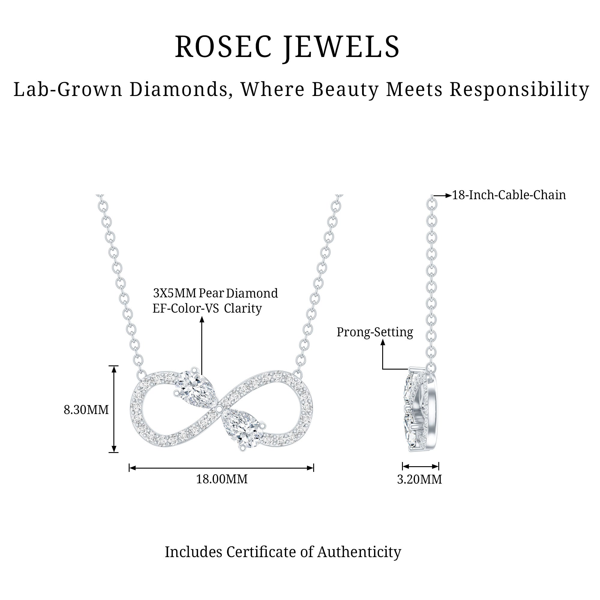 Lab Grown Diamond Forever Knot Teardrop Necklace Lab - ( EF-VS ) - Rosec Jewels