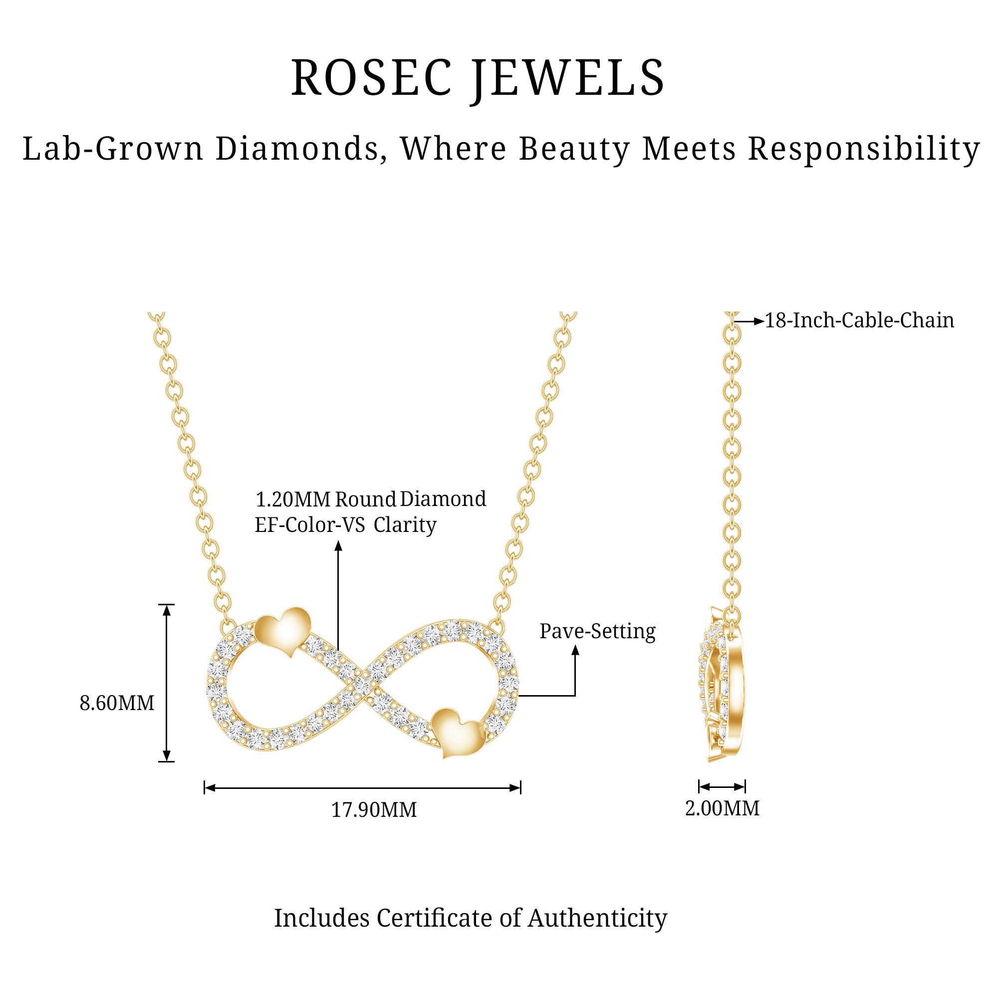 Lab Grown Diamond Infinity Knot Necklace With Cute Heart Lab - ( EF-VS ) - Rosec Jewels