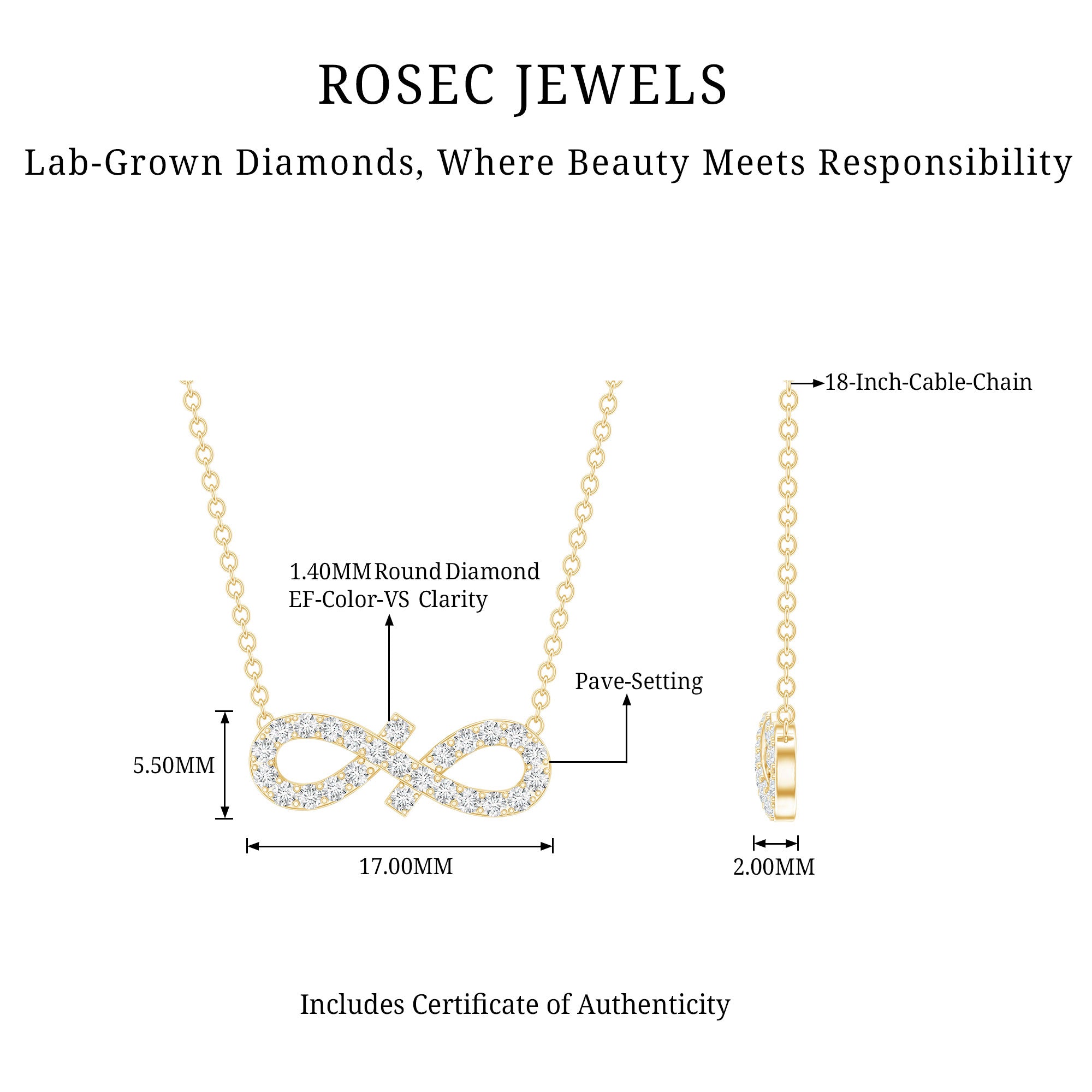 Pave Set Lab Grown Diamond Sideways Infinity Necklace Lab - ( EF-VS ) - Rosec Jewels