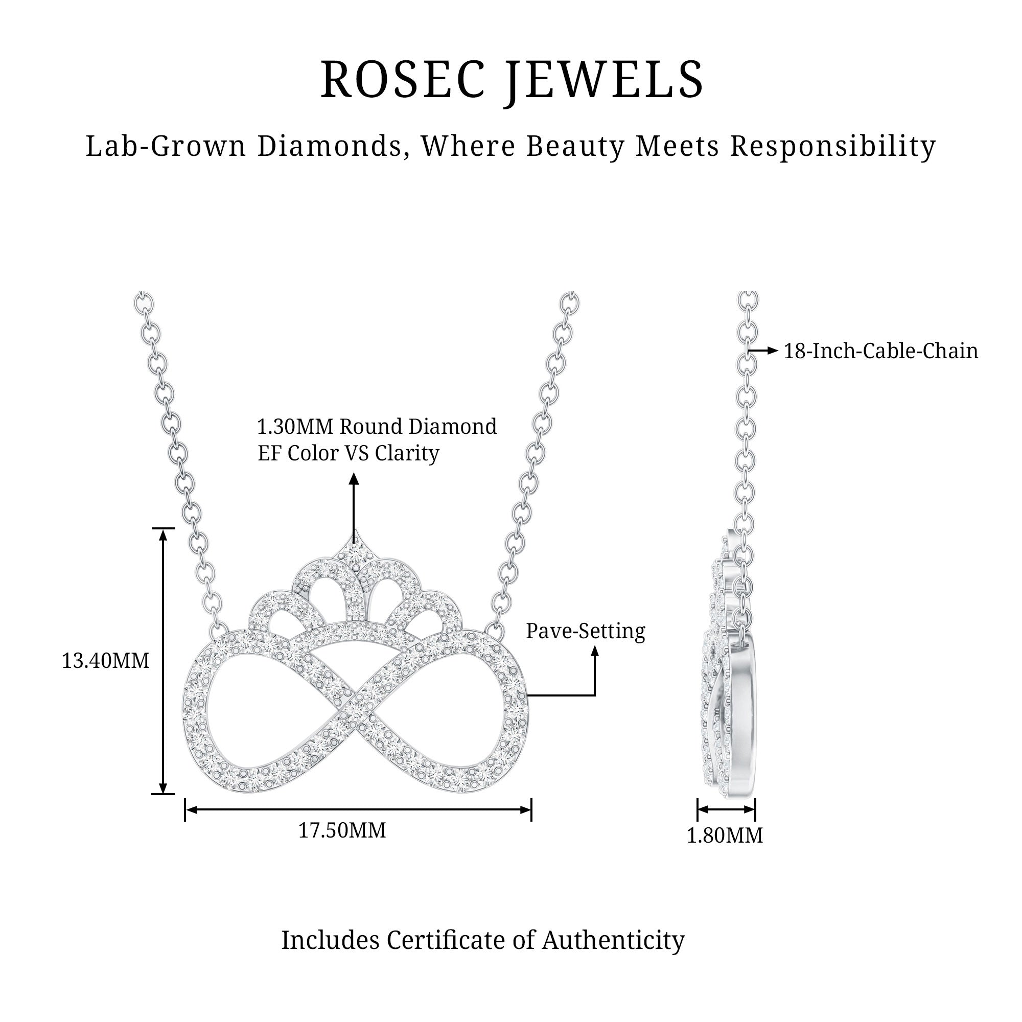 Lab Grown Diamond Crown Statement Necklace Lab - ( EF-VS ) - Rosec Jewels