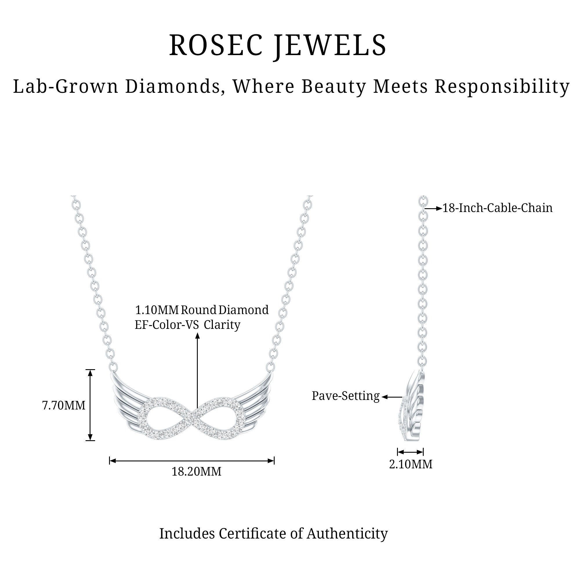 Sideways Pave Set Lab Grown Diamond Angel Wing Necklace Lab - ( EF-VS ) - Rosec Jewels