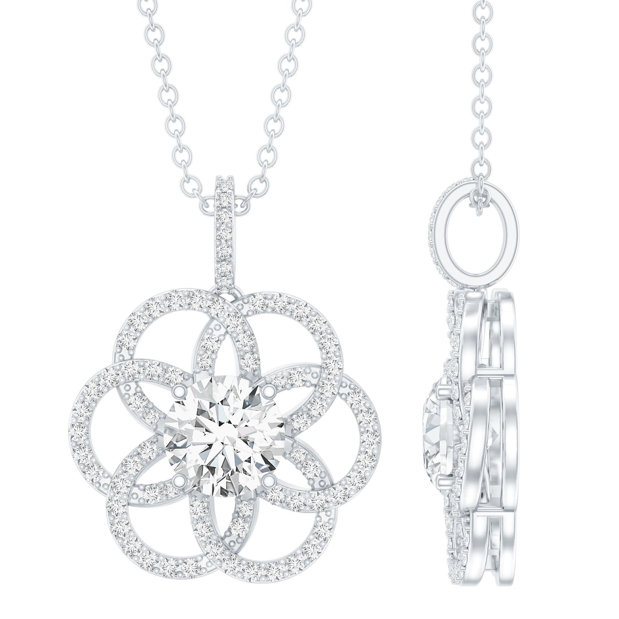 Lab 6 MM Round Diamond Flower Bridal Necklace Lab - ( EF-VS ) - Rosec Jewels