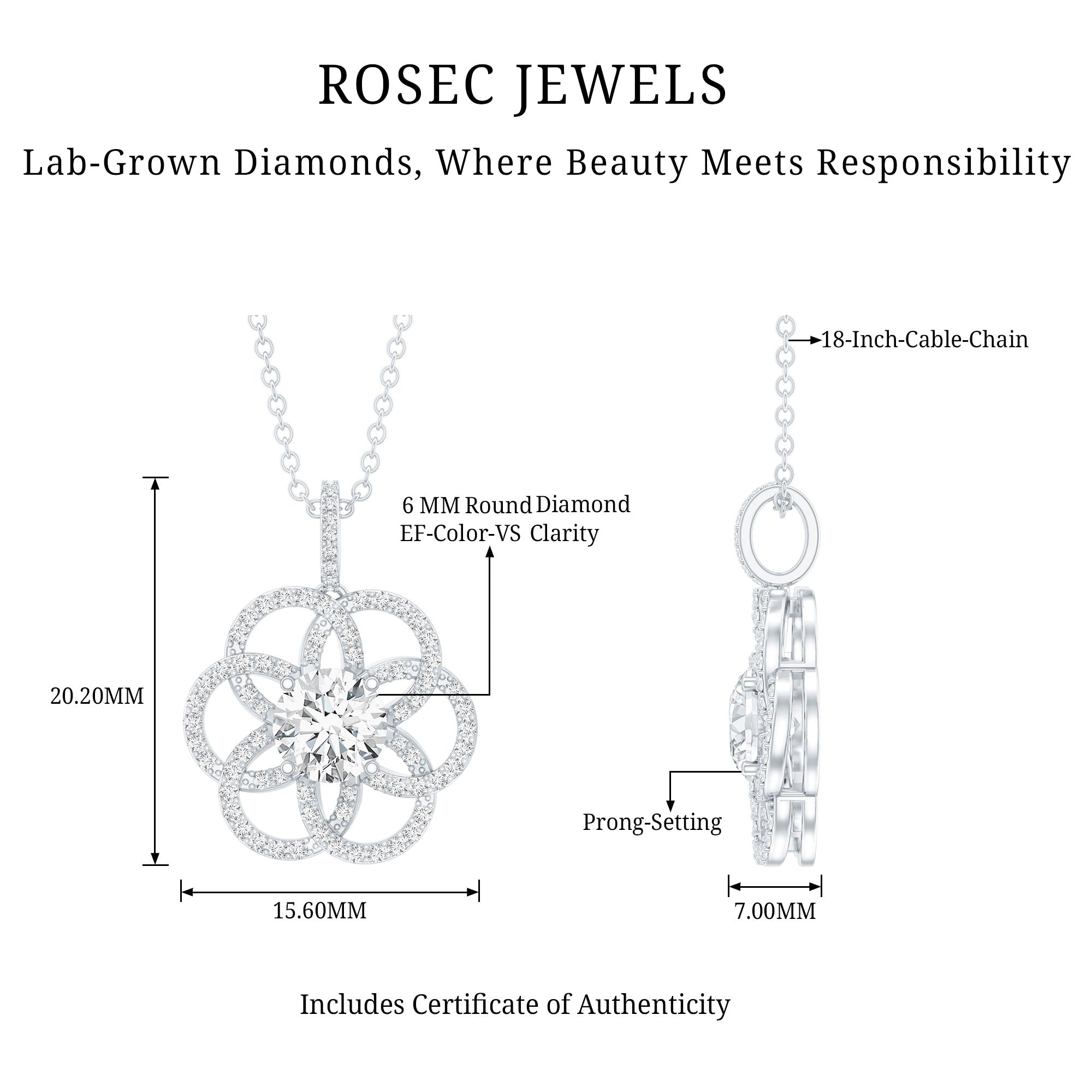 Lab 6 MM Round Diamond Flower Bridal Necklace Lab - ( EF-VS ) - Rosec Jewels